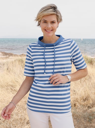 Sweatshirt in Interlock-Qualität - mittelblau-ecru-geringelt