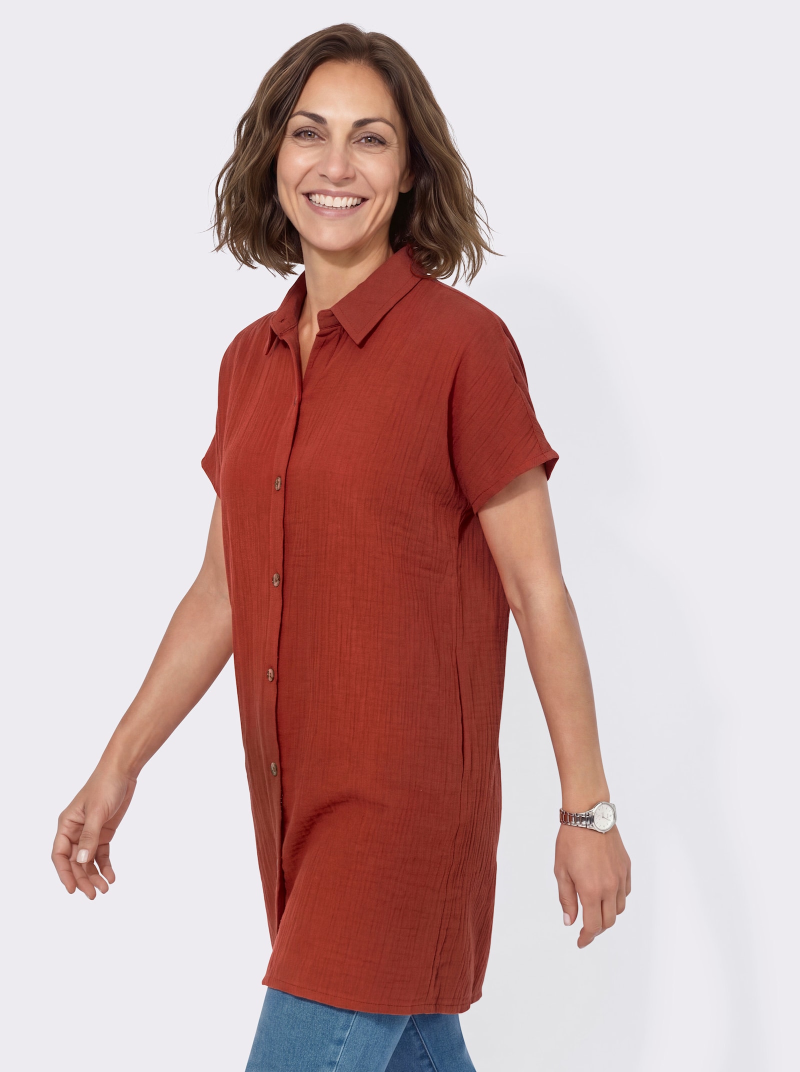 Longbluse mit Knopfleiste - rostrot