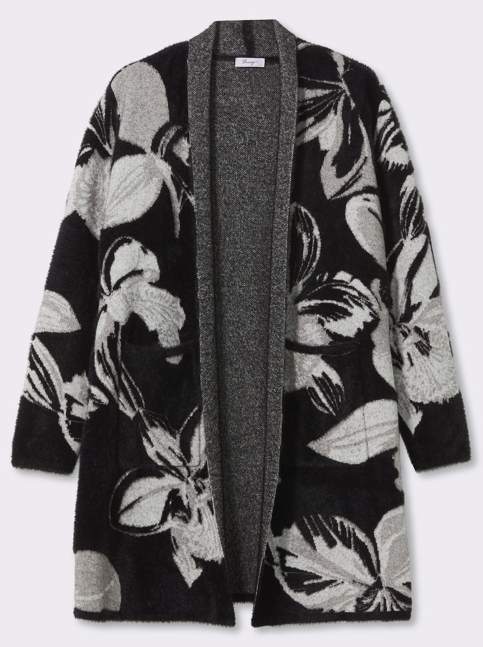 sheego Longstrickjacke mit Jaquardmuster - schwarz-elfenbein-gemustert