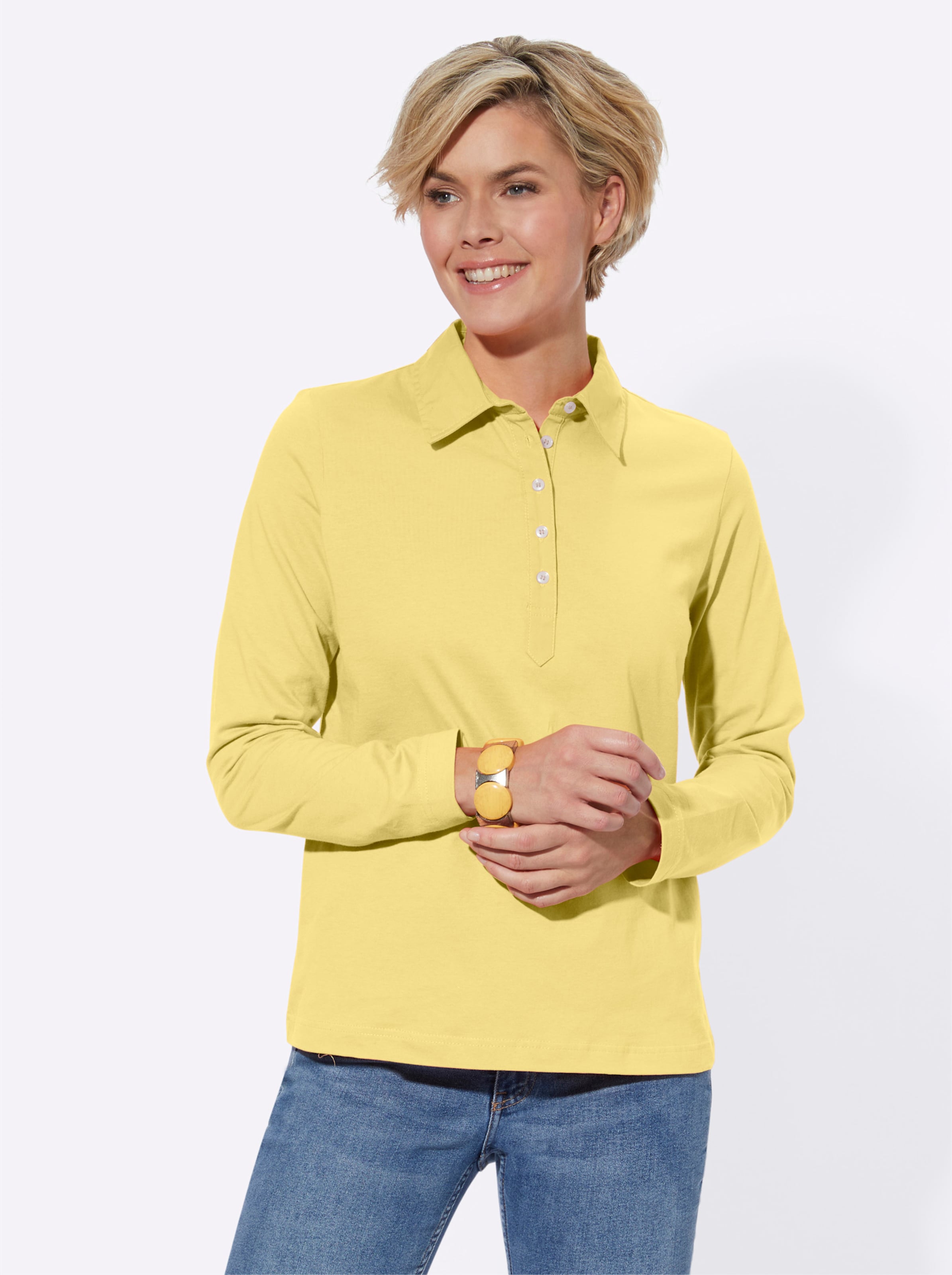 Lok von günstig Kaufen-Langarm-Poloshirt in gelb von heine. Langarm-Poloshirt in gelb von heine <![CDATA[Poloshirt in Single-Jersey-Qualität. Mit Polokragen und Knopfleiste. Langarm.]]>. 