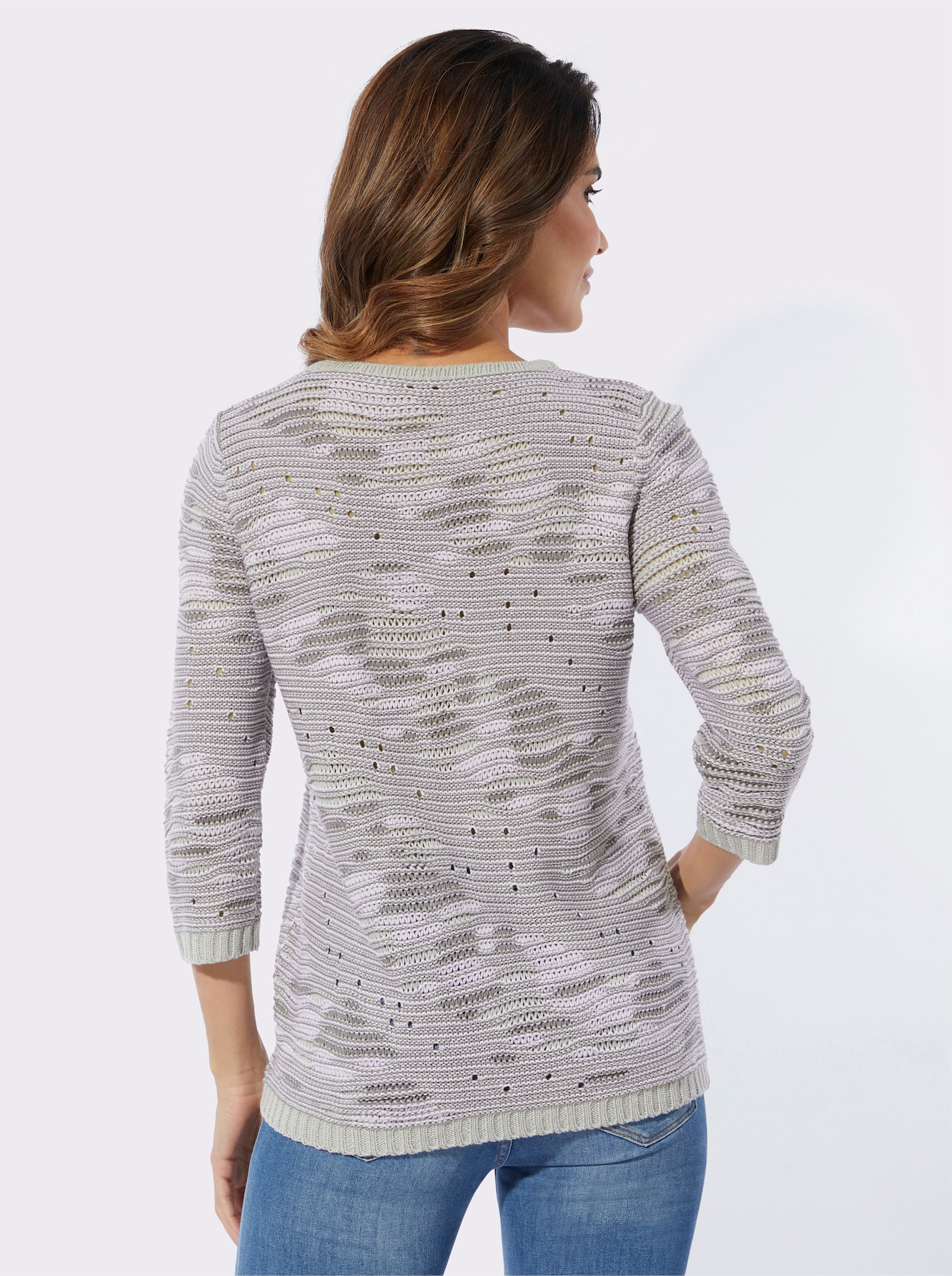 3/4 Arm-Pullover mit Strickdessin - grau-weiss-gemustert