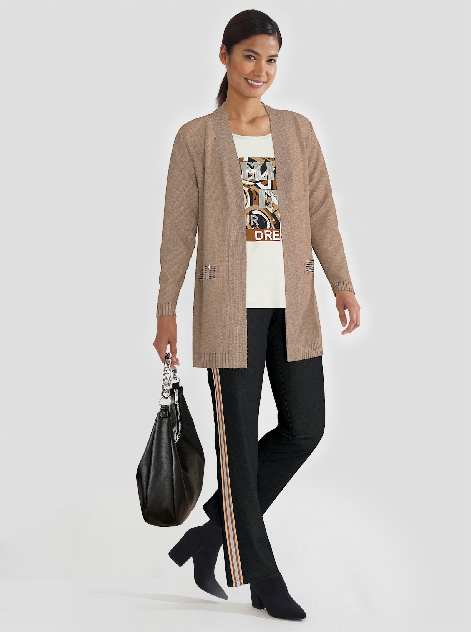 Longstrickjacke mit Ziersteinchen, Feinstrick - camel