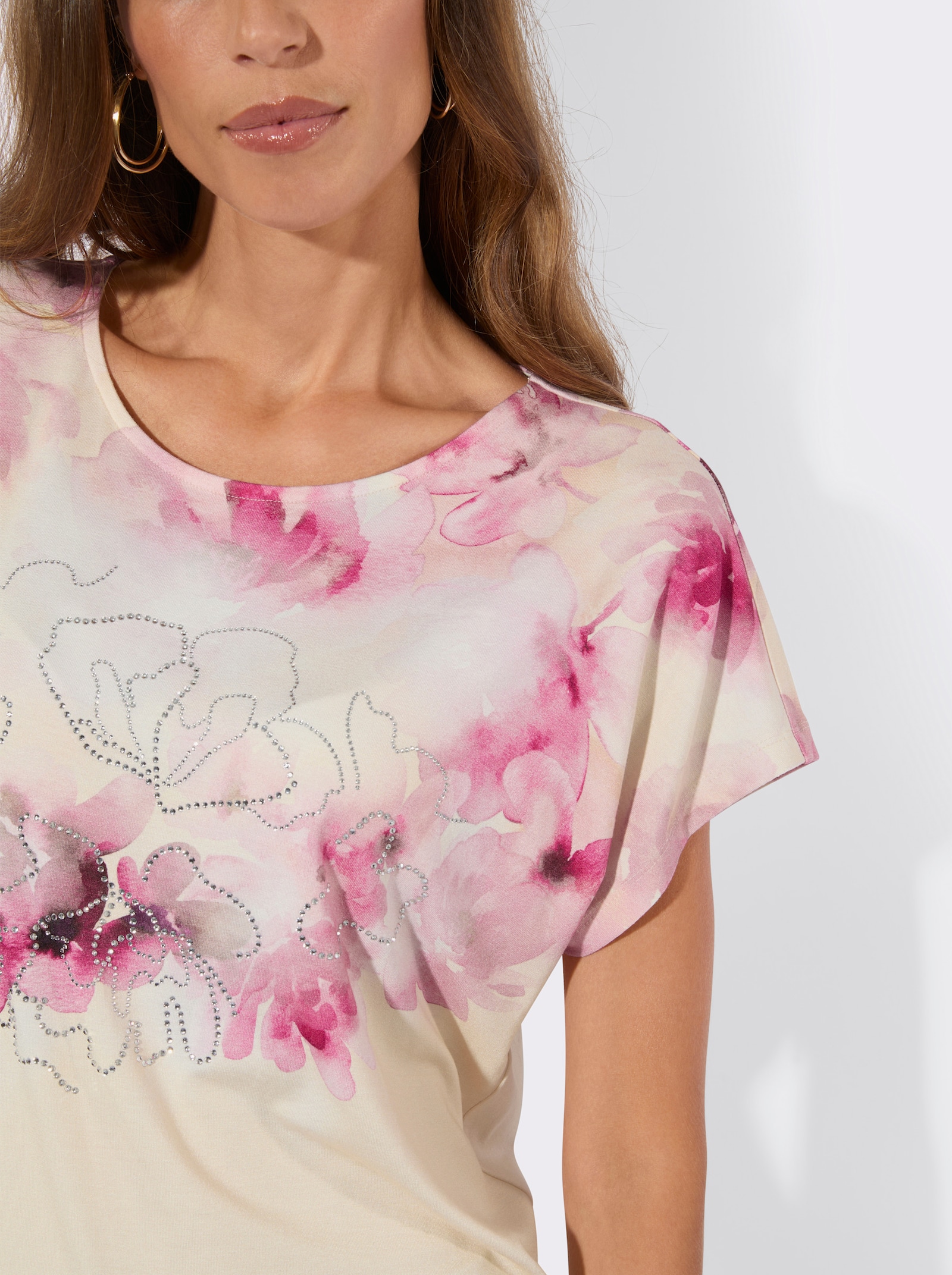 Kurzarmshirt mit Blüten-Druck - champagner-hortensie-bedruckt