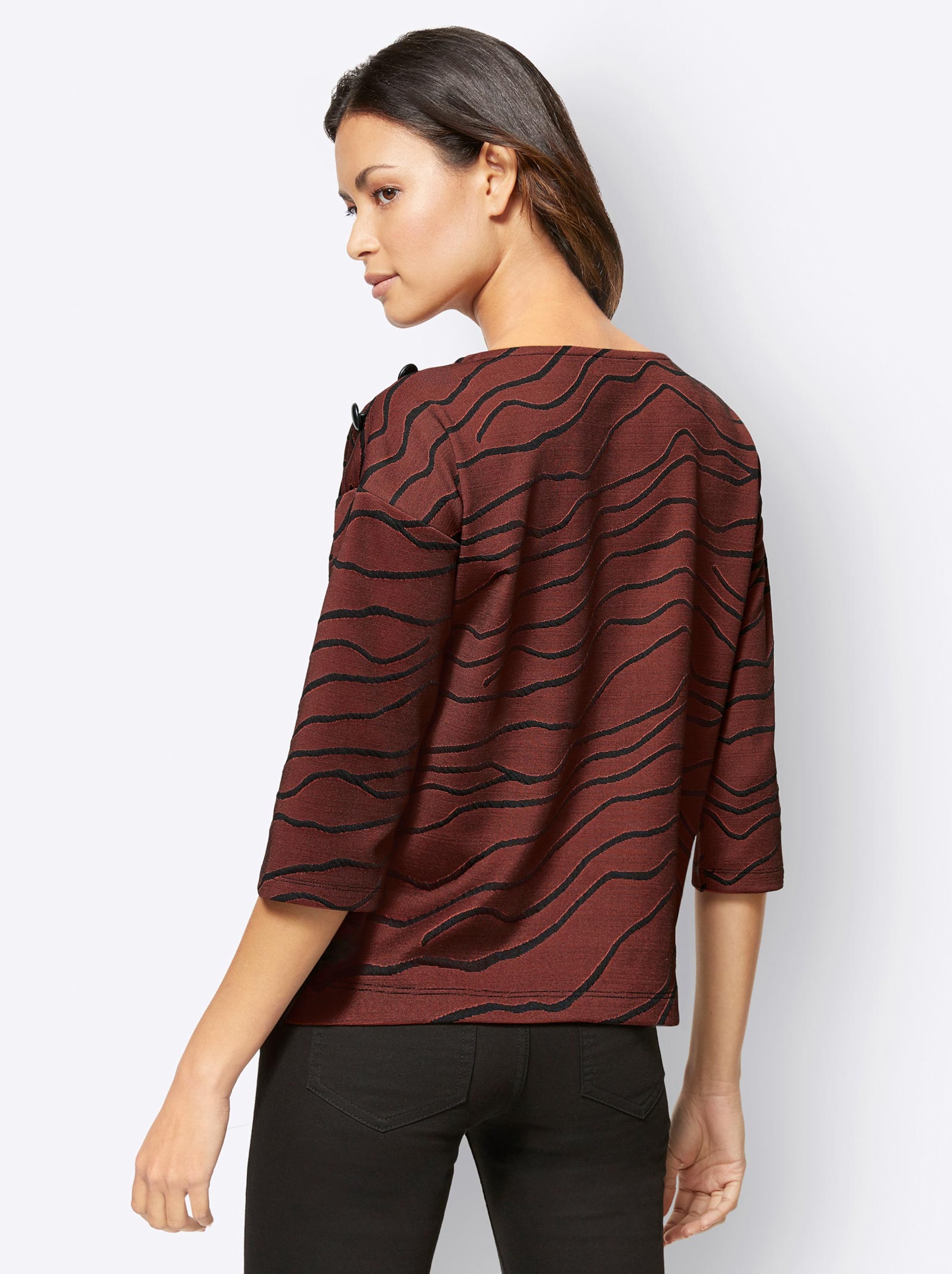 Damenmode Shirts 3/4-Arm-Shirt in rotbraun-schwarz-bedruckt 