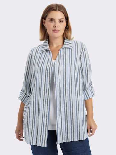 sheego Gestreifte Bluse in Seersucker-Qualität - weiß-tiefblau-gestreift