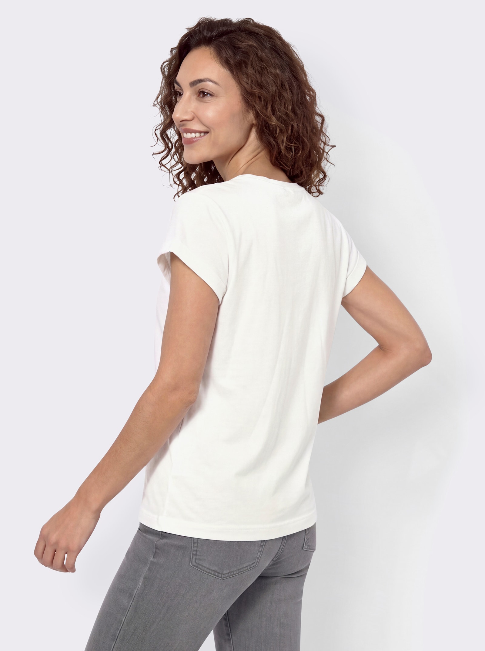 Shirt mit überschnittenen Schultern - ecru-royalblau-bedruckt