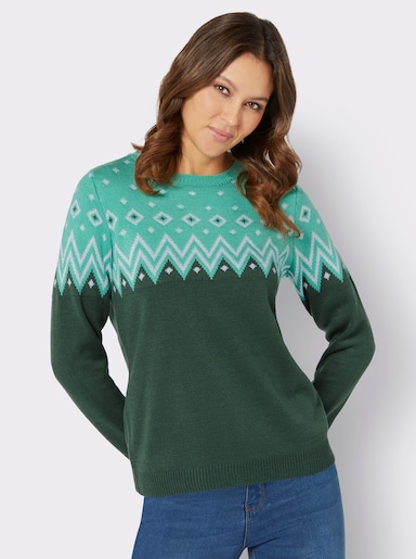 pflegeleichter Norwegerpullover - moos-blaugrün-gemustert