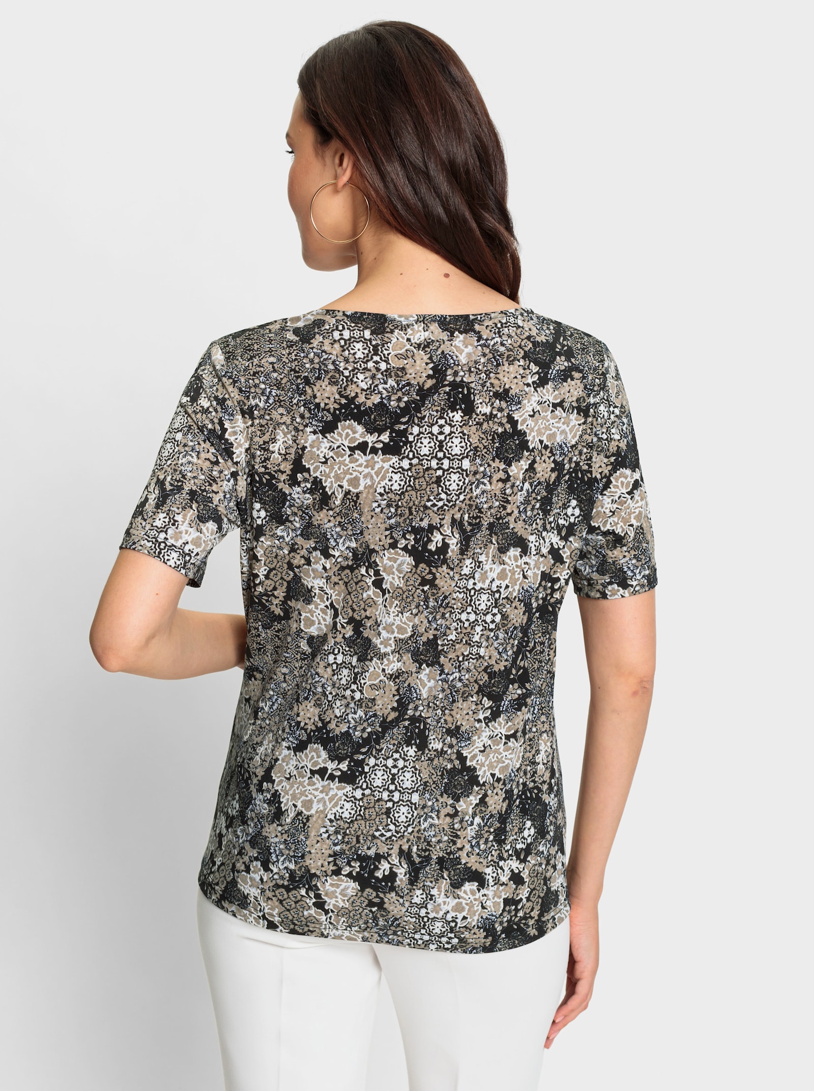 Kurzarmshirt mit recyceltem Polyester - grau-ecru-bedruckt