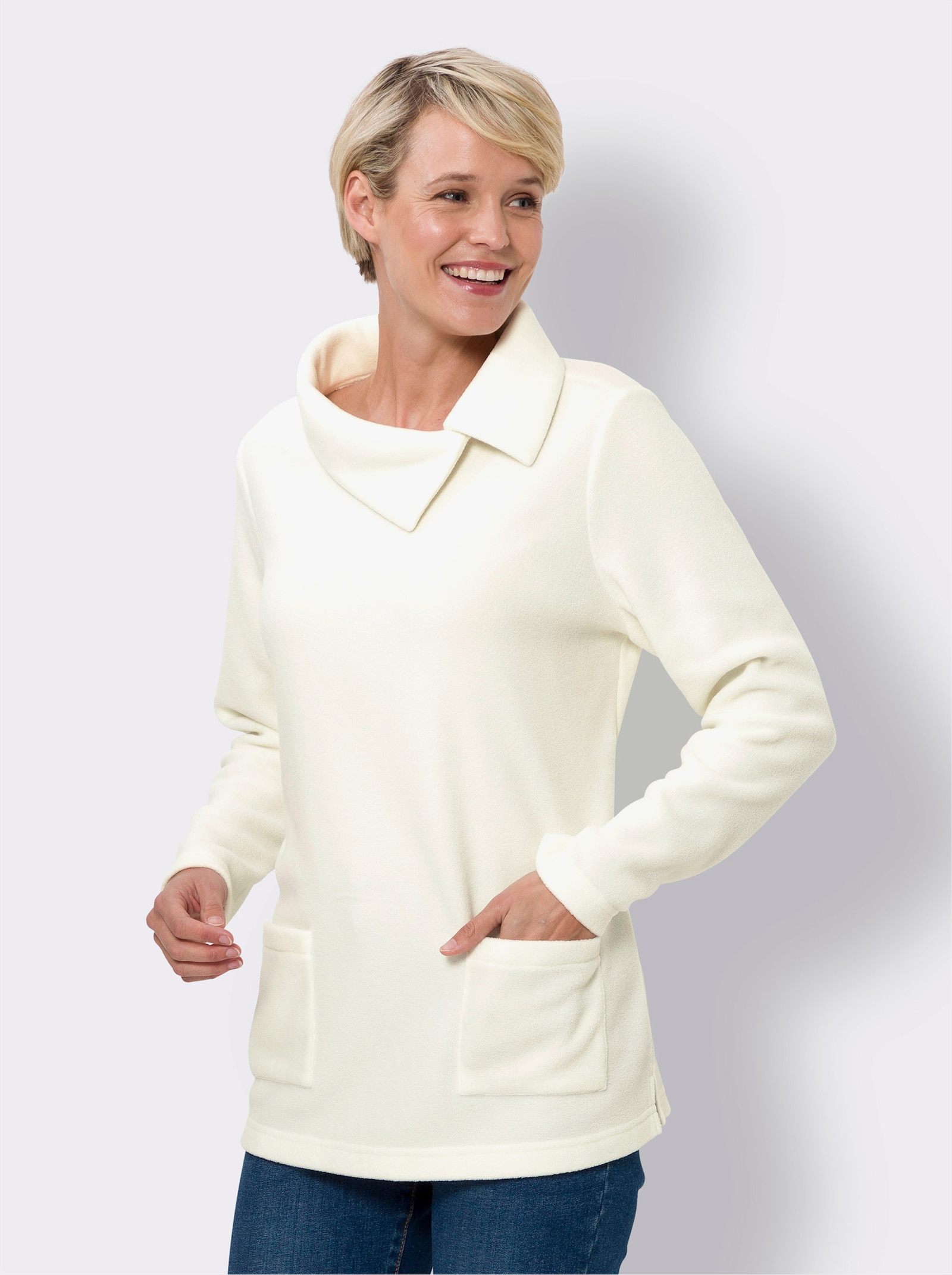 Fleeceshirt met asymmetrische kraag - ecru