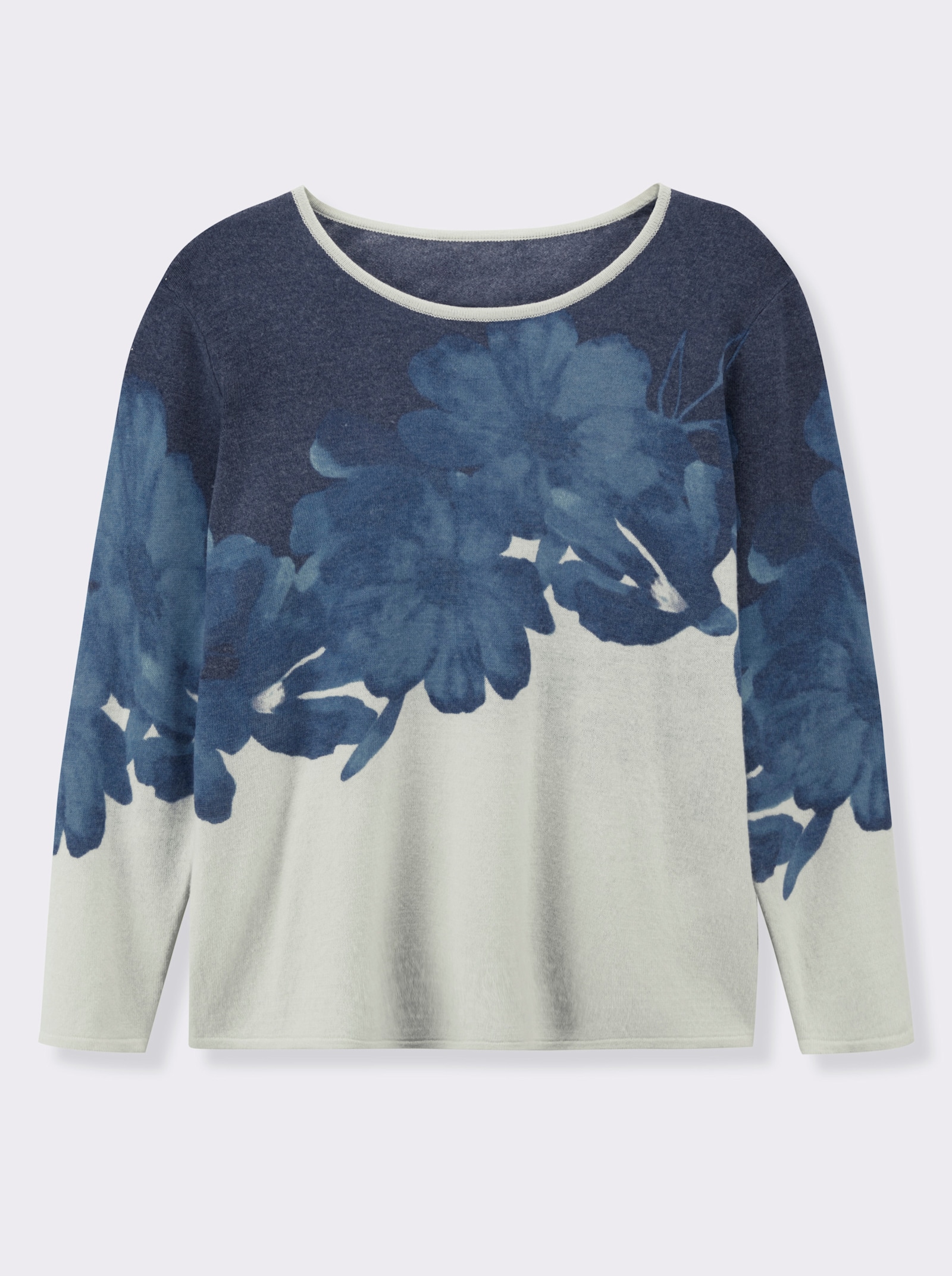 Feinstrickpullover mit diagonalem Blütendruck - champagner-jeansblau-bedruckt