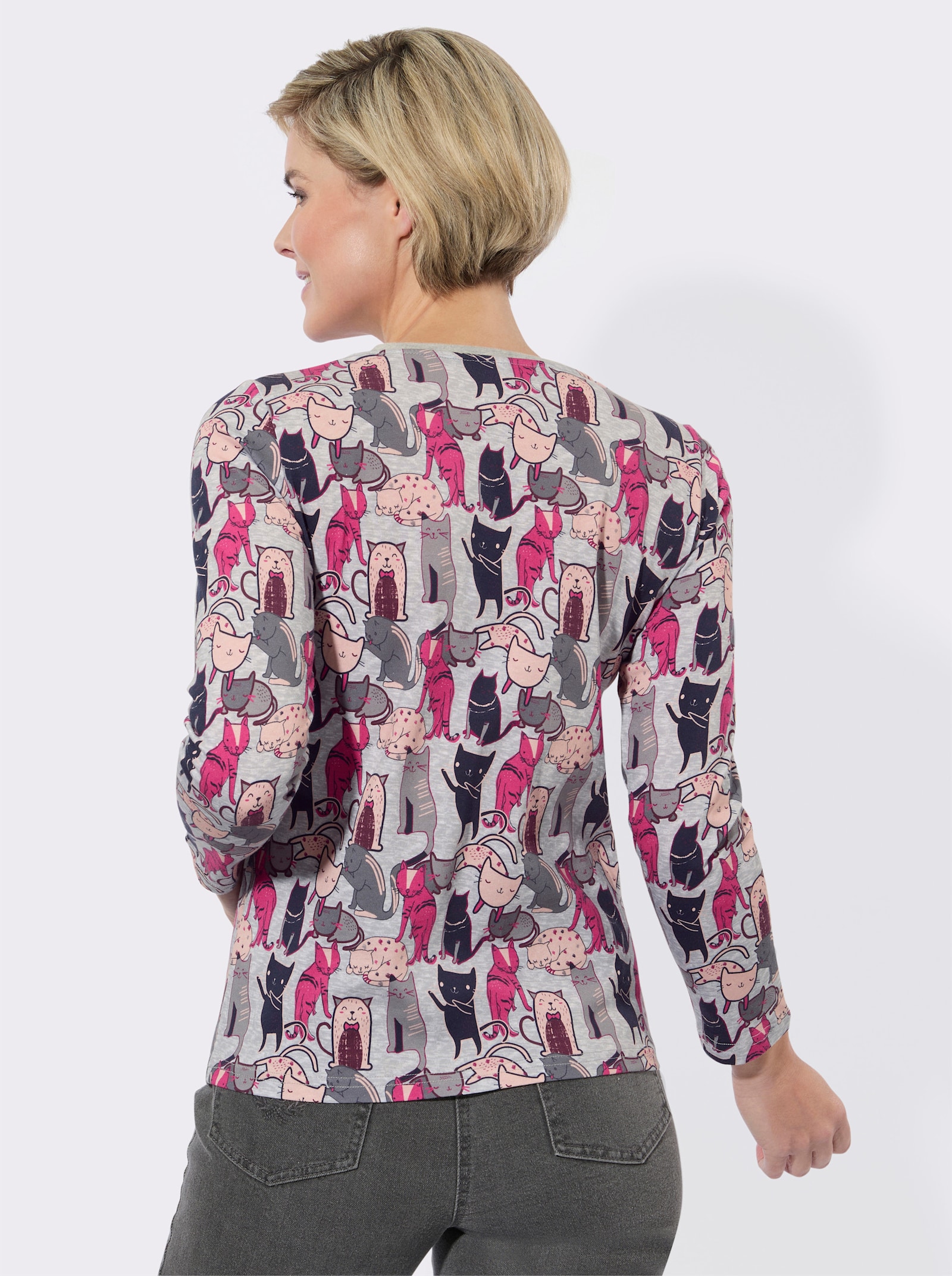 Print-Shirt mit Katzen-Dessin - steingrau-malve-bedruckt