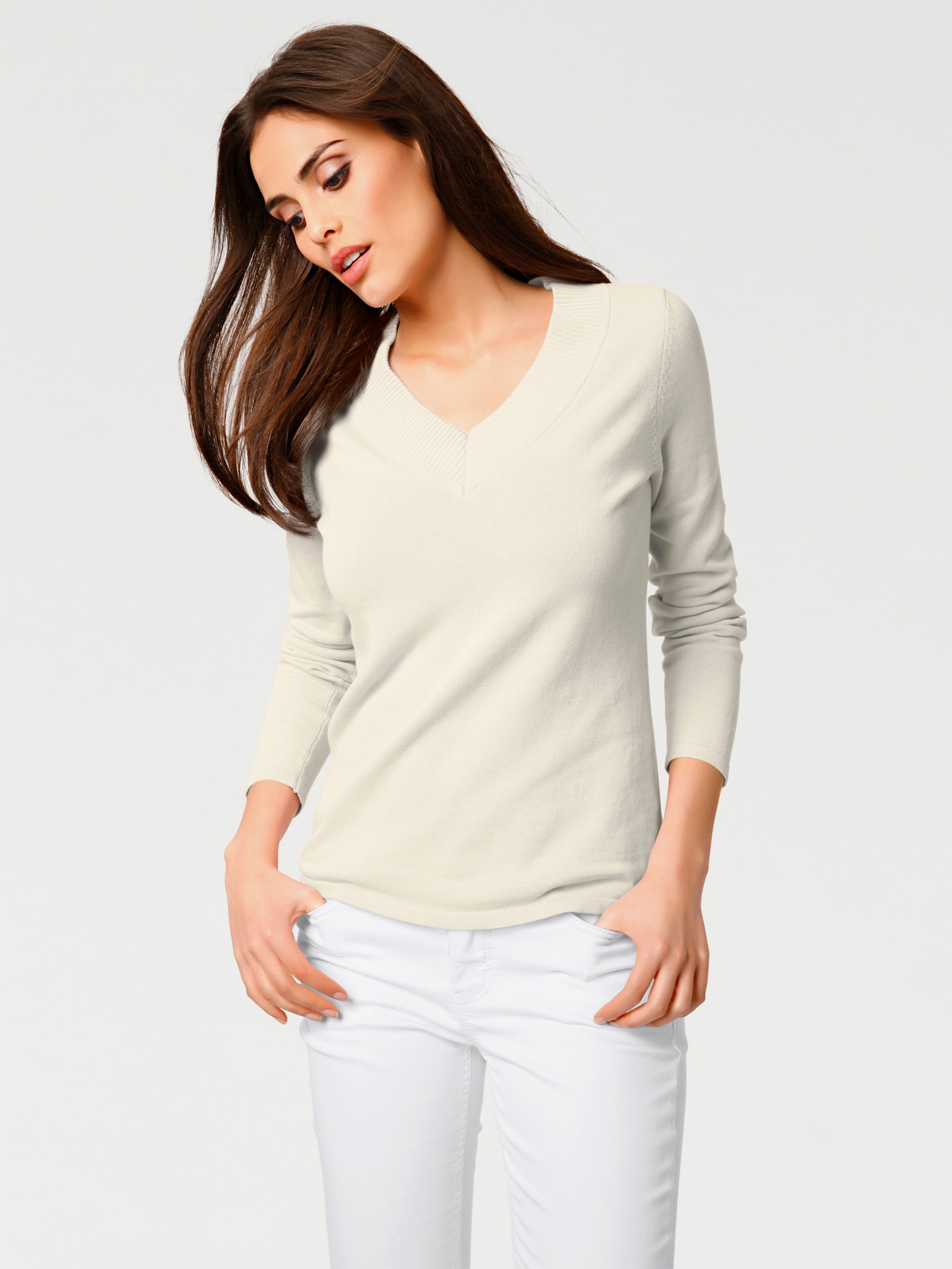 heine V-Ausschnitt-Pullover aus reiner Baumwolle - offwhite