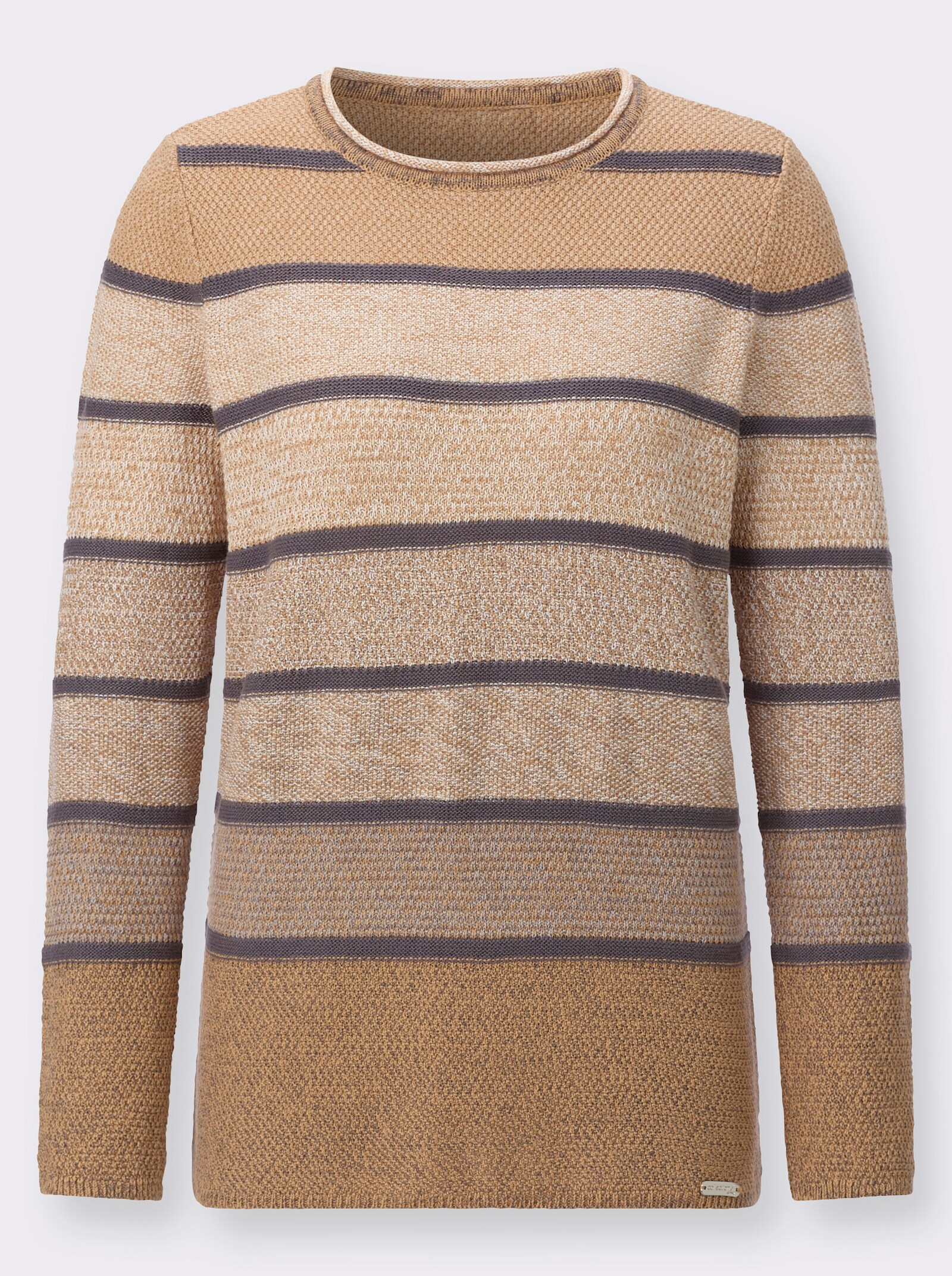 Rundhalspullover mit Ringeln - camel-steingrau-geringelt