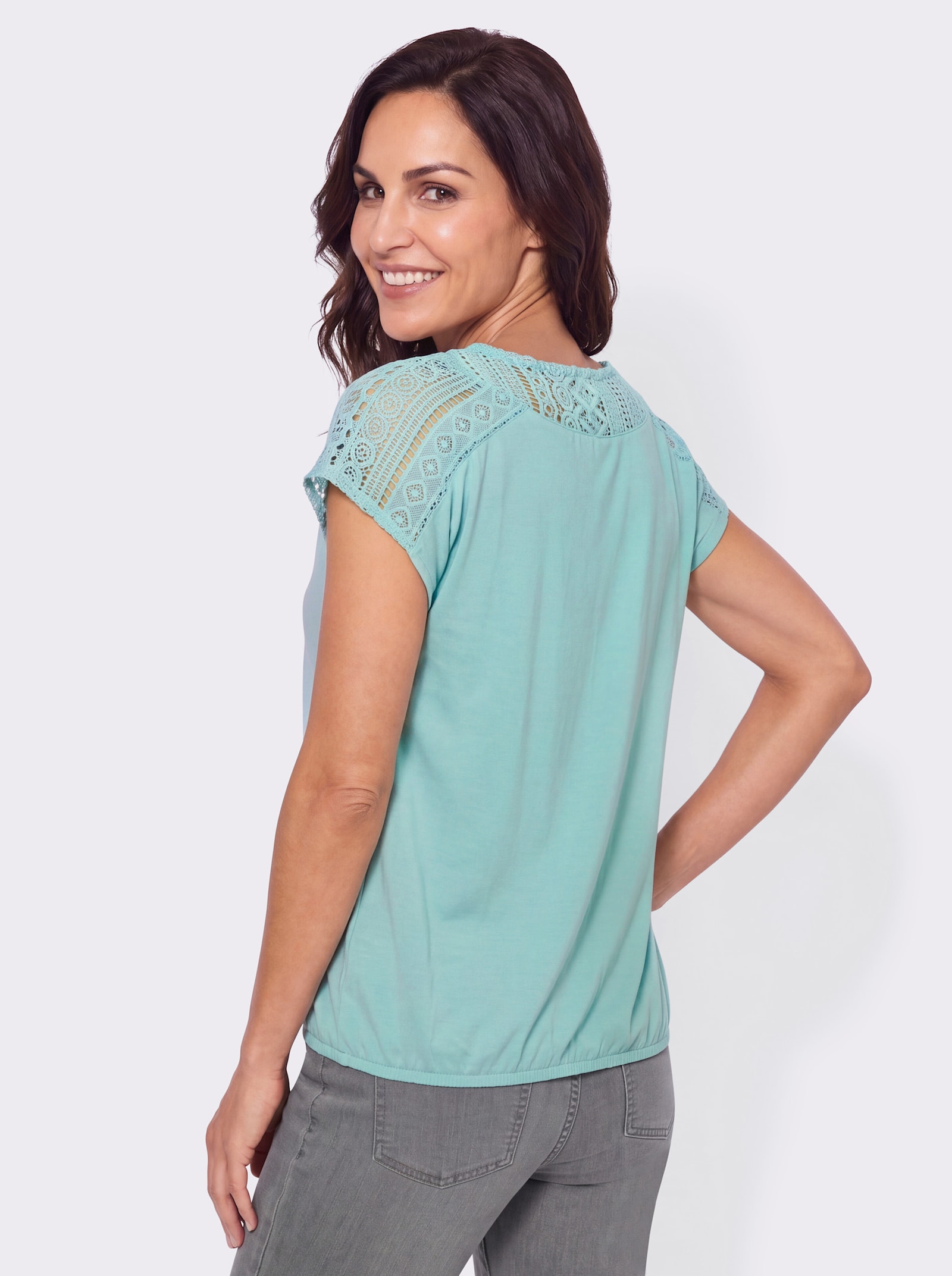 Kurzarmshirt mit Spitzeneinsatz - mint