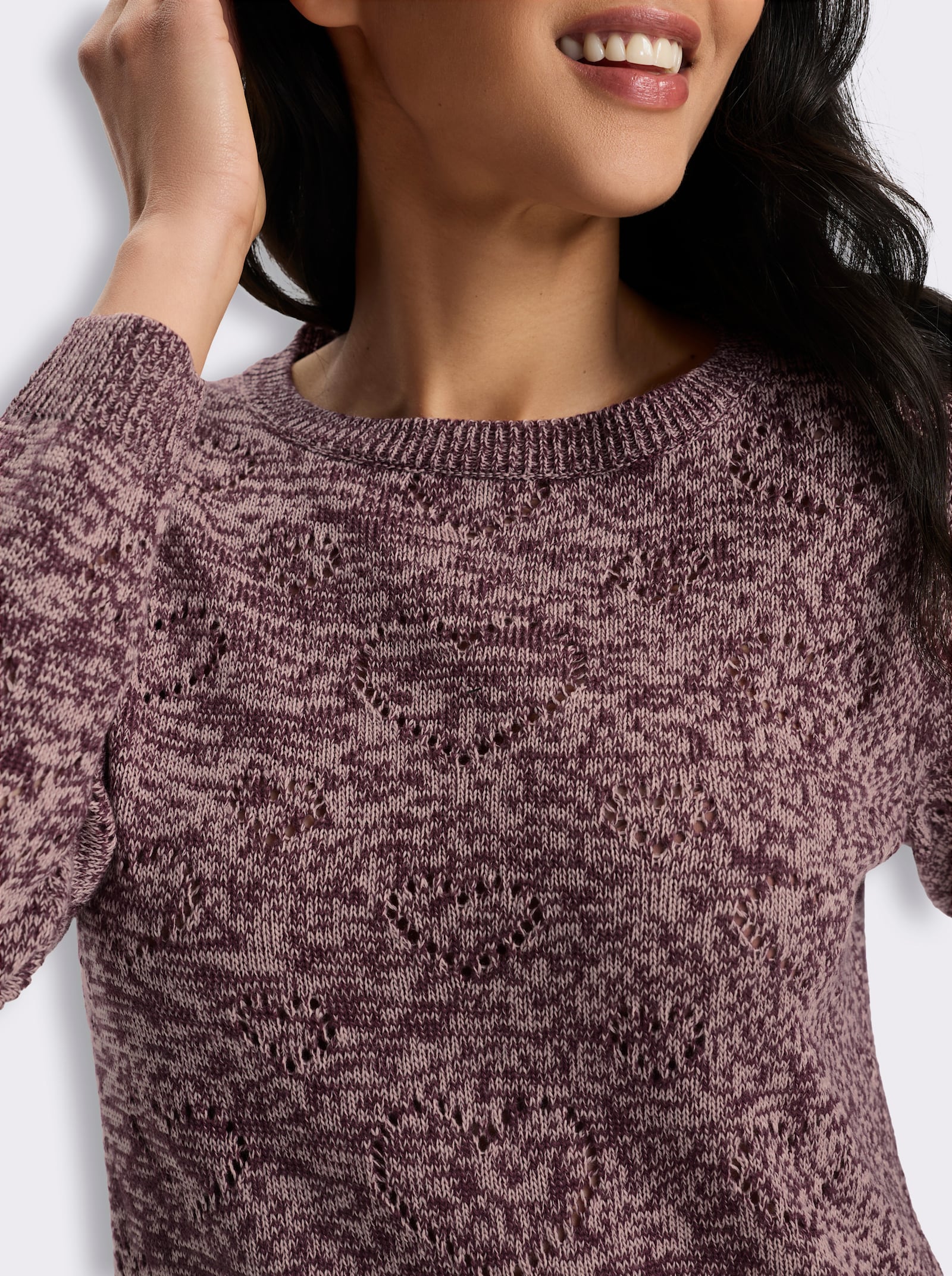 Ajourpullover mit Herzchen - burgund-puder-meliert