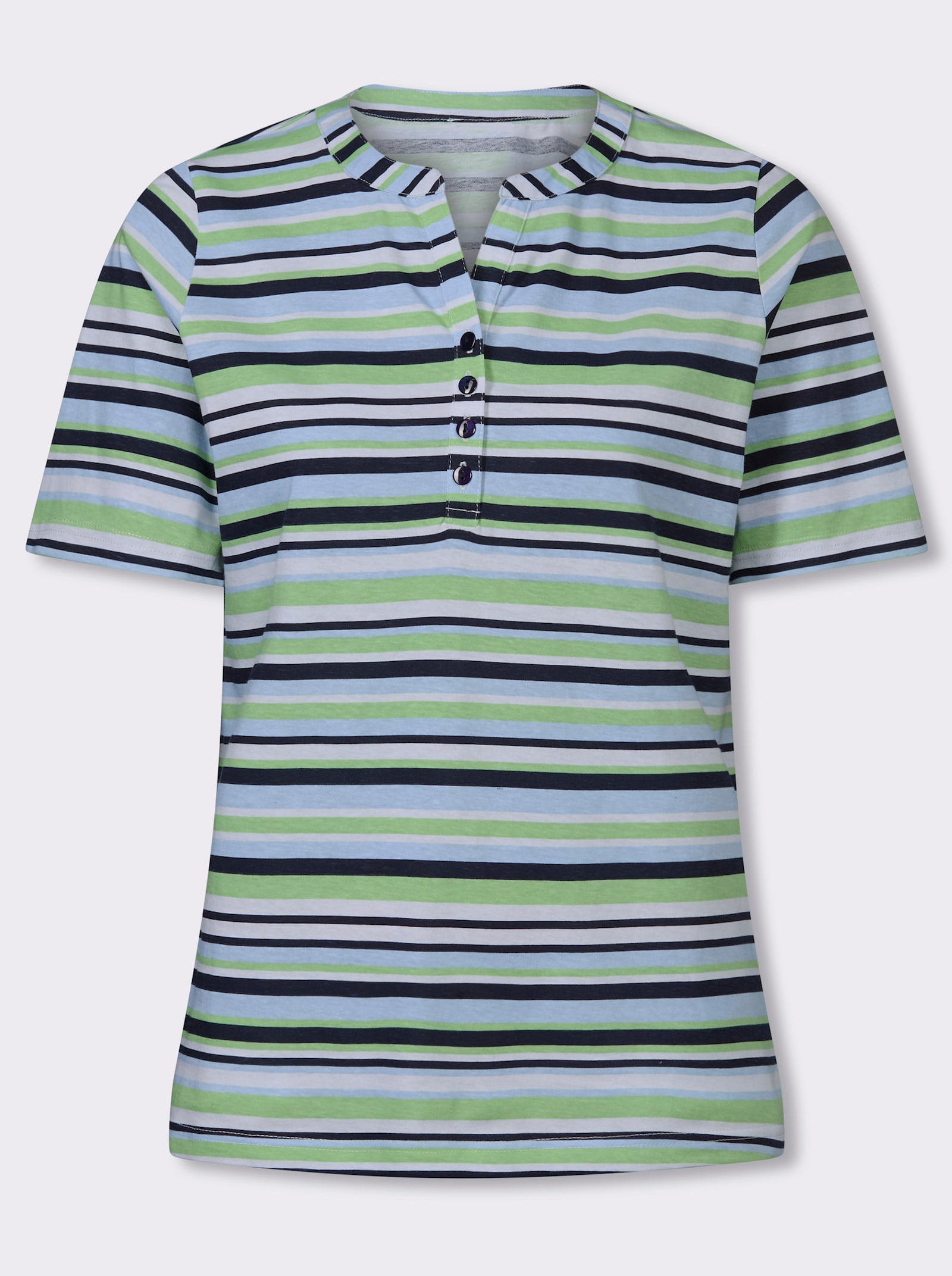 Kurzarmshirt mit kurzer Knopfleiste - hellblau-reseda-geringelt