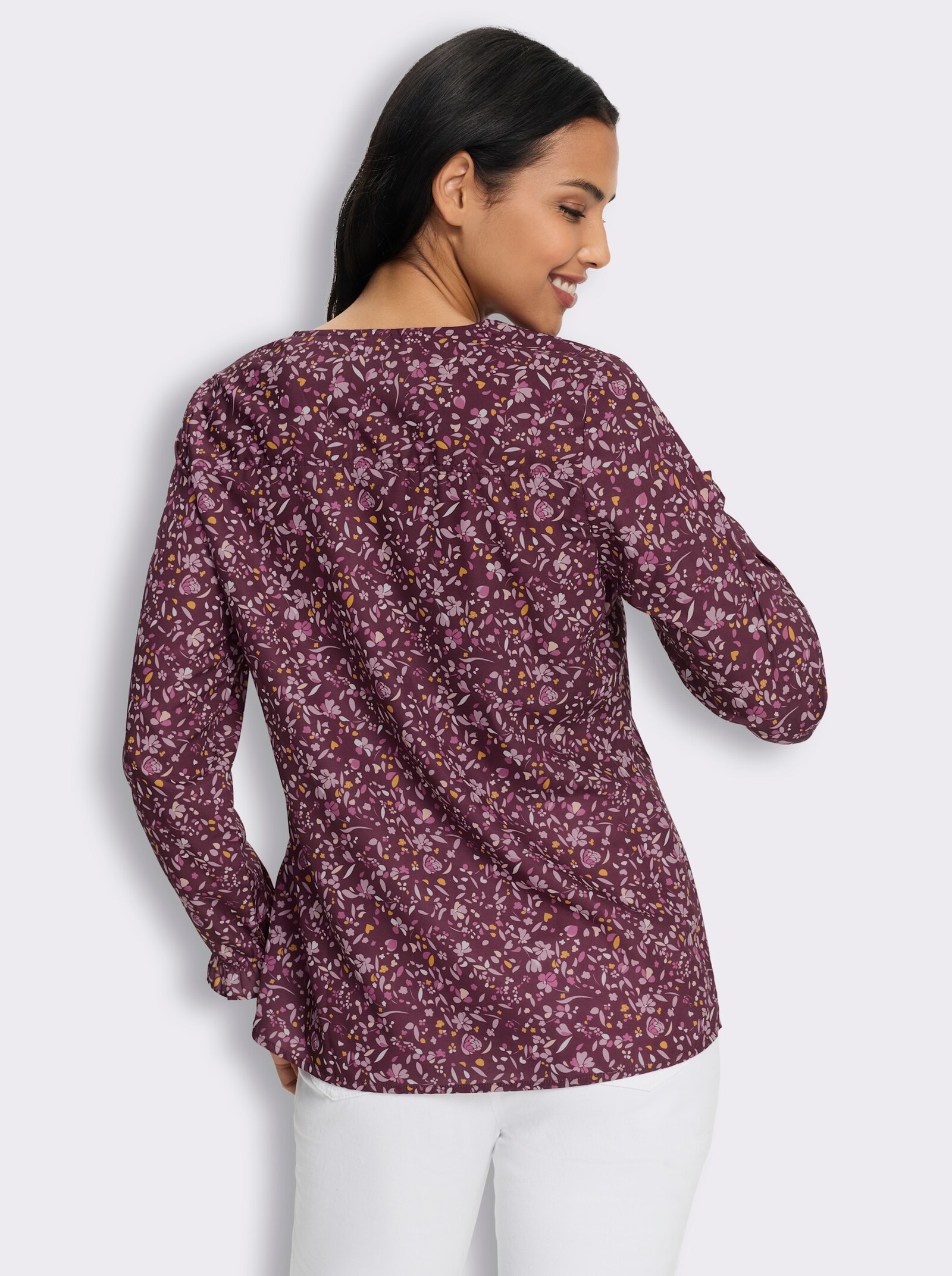 Schlupfbluse mit Volants an den Ärmeln - burgund-mauve-bedruckt