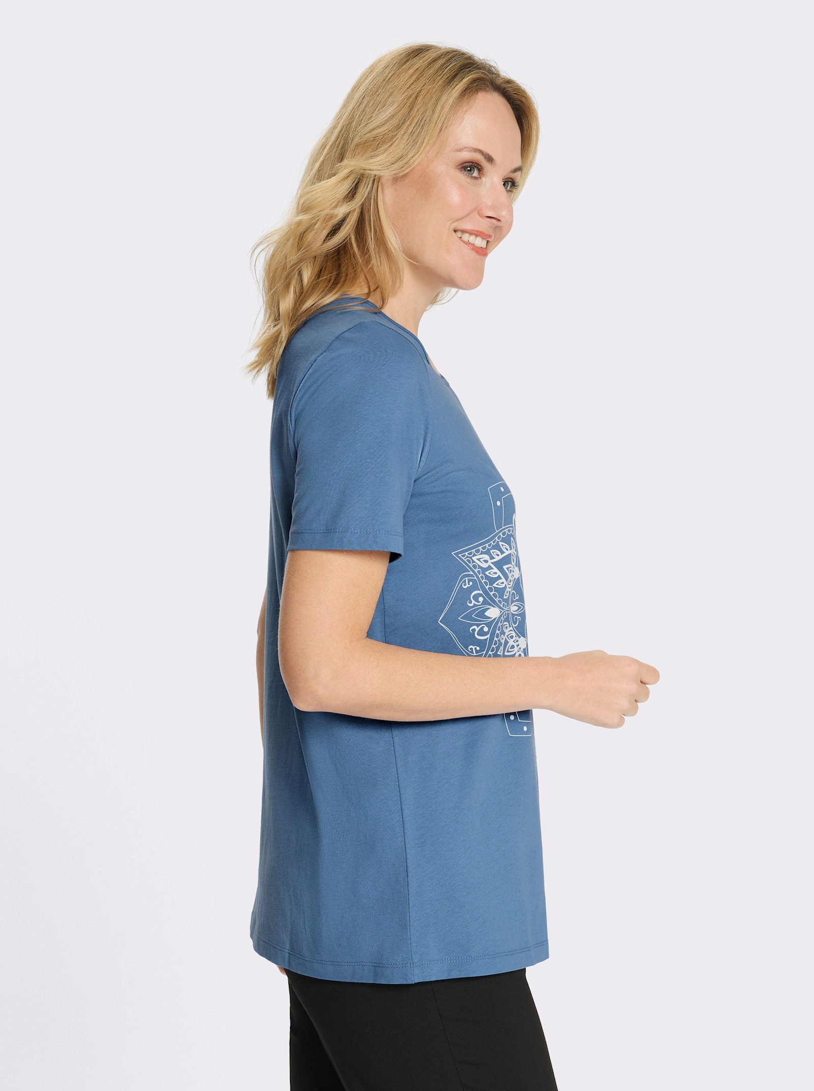 Longshirt mit Mandala-Motiv - mittelblau-weiß