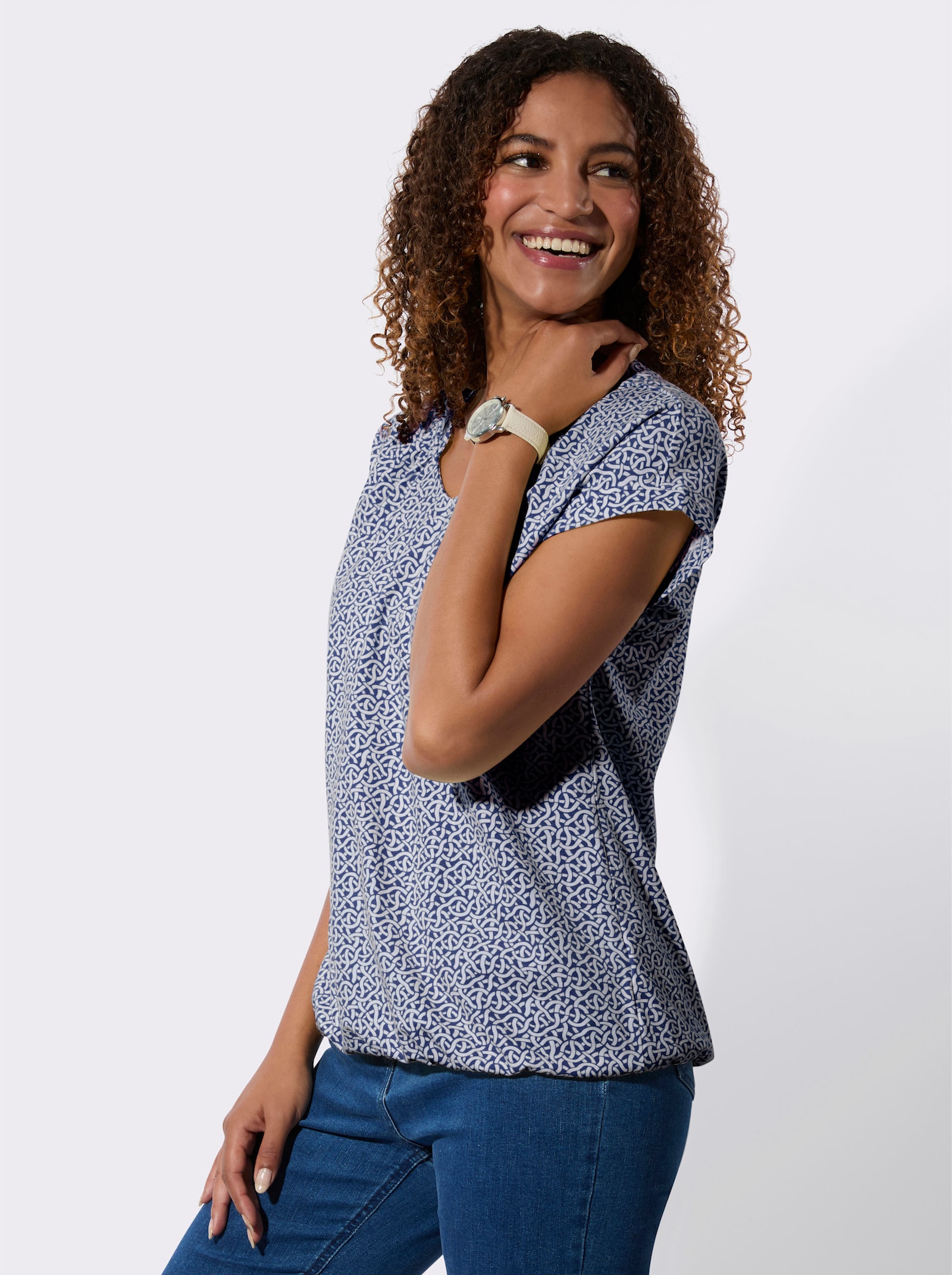 Kurzarmshirt mit kleinen Raffungen - royalblau-ecru-bedruckt