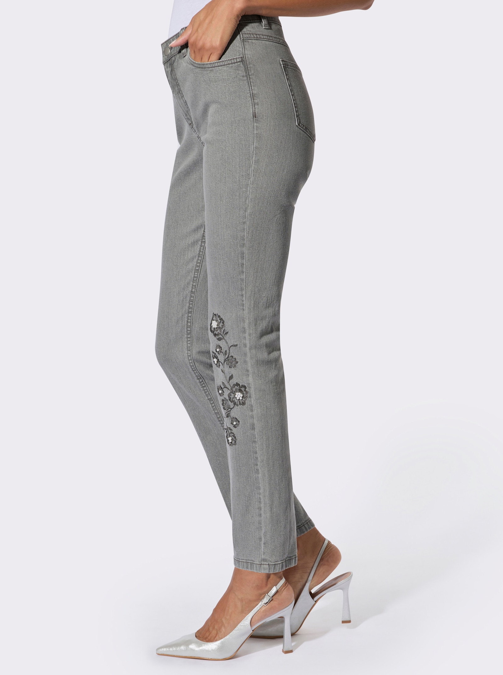 5-Pocket-Jeans mit floraler Stickerei - grey-denim