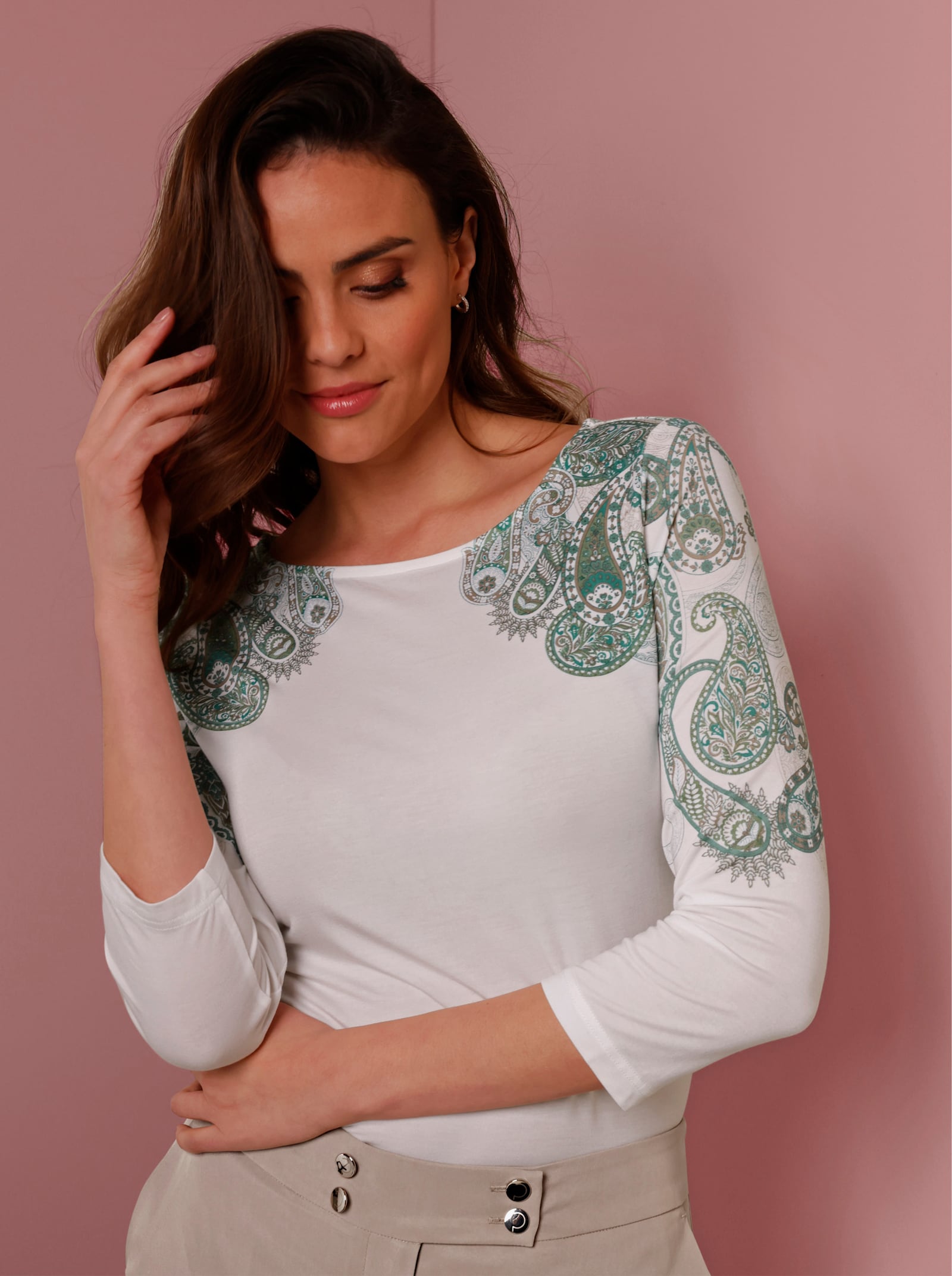 CREATION L PREMIUM 3/4-Arm-Shirt in TENCEL-Qualität - ecru-salbei-bedruckt