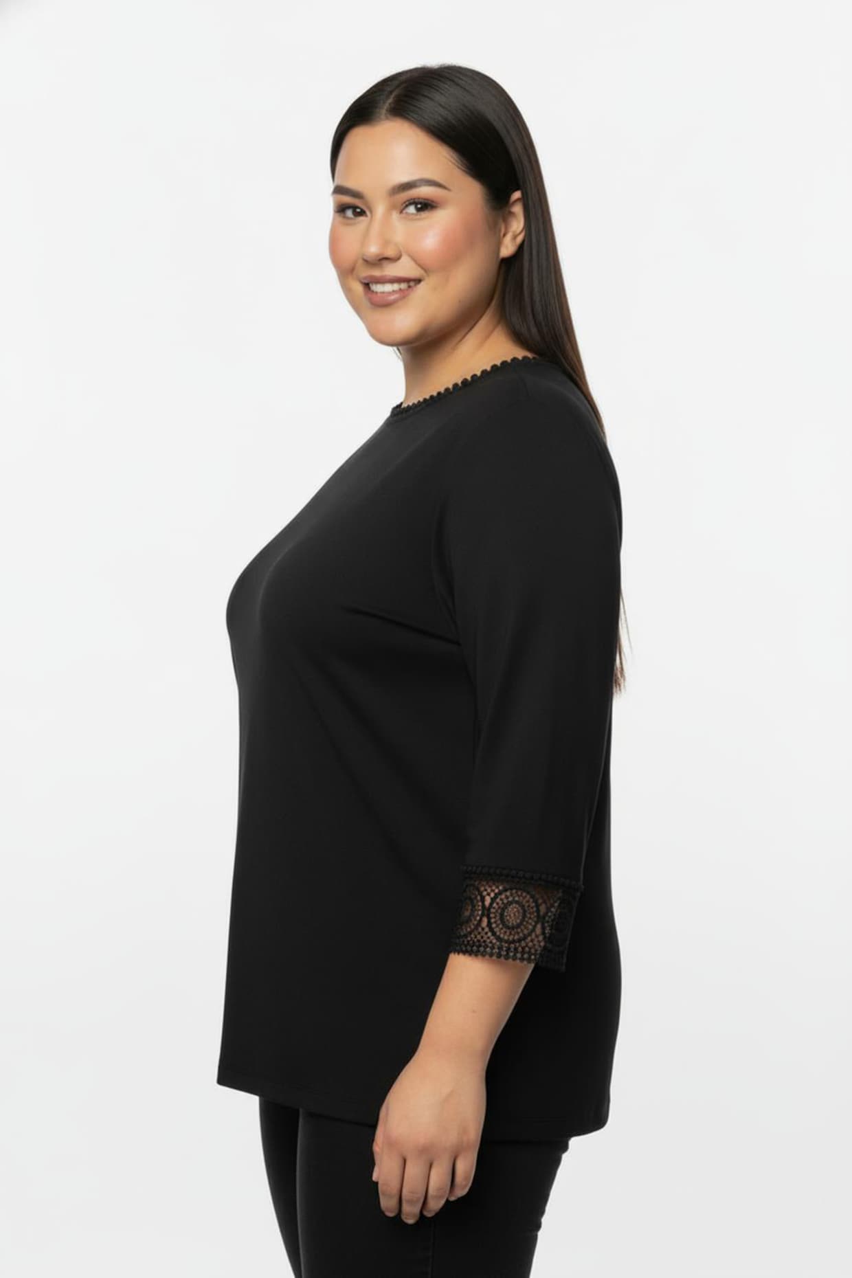 CREATION L PREMIUM 3/4-Arm-Shirt mit Spitzenbordüre an Ausschnitt und Ärmeln - schwarz