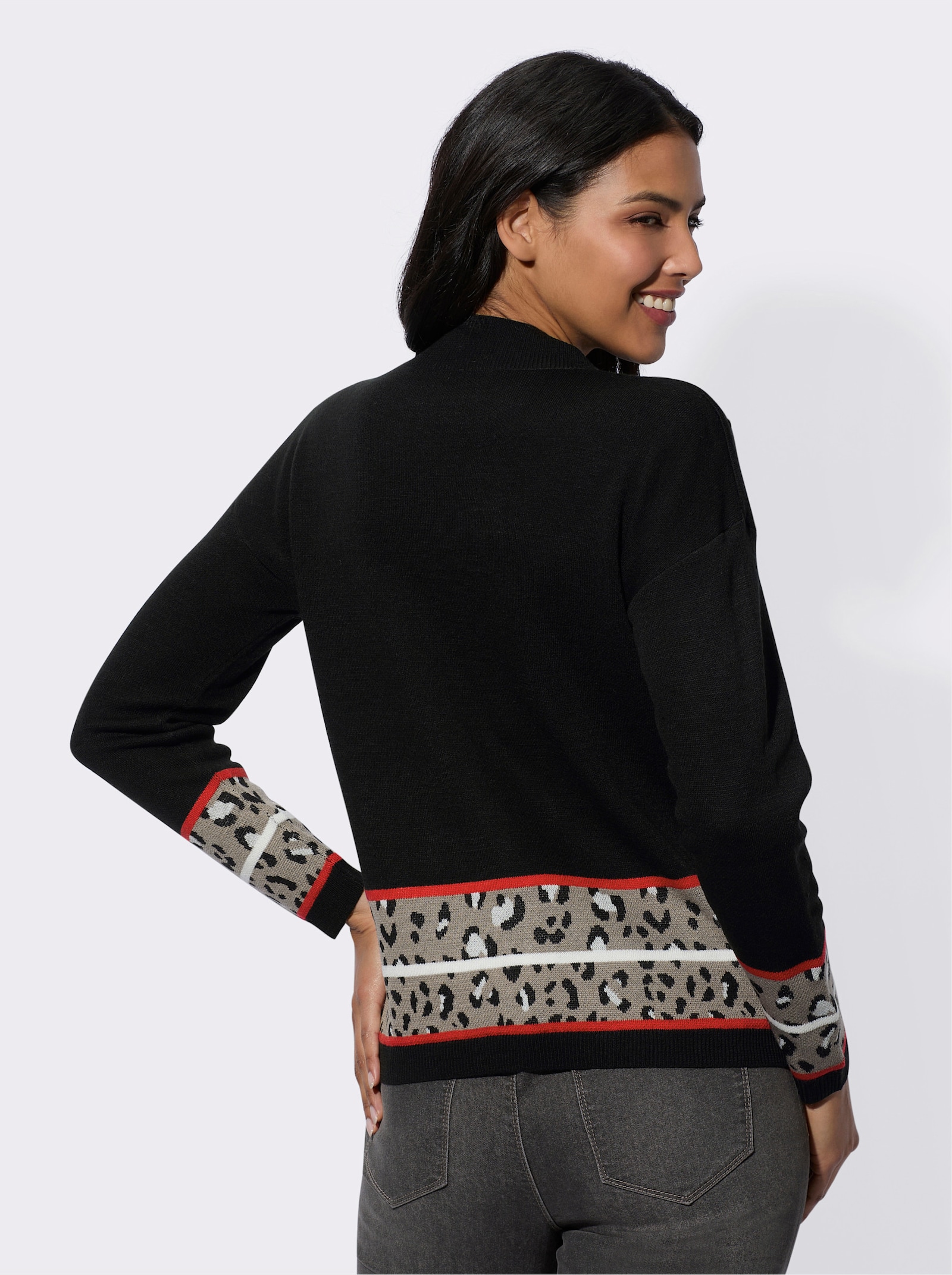 Pullover met lange mouwen en jacquardranden - zwart