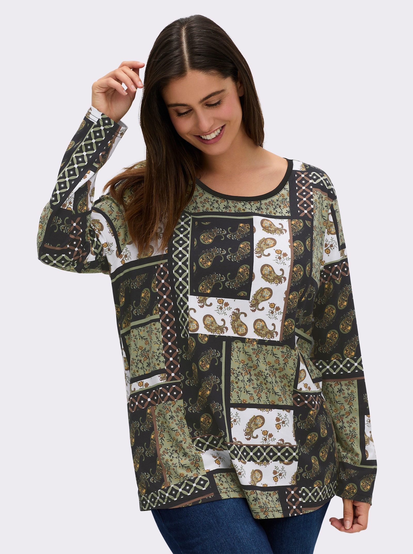Langarmshirt im Patchwork-Dessin - oliv-bedruckt