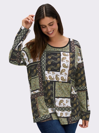 Langarmshirt im Patchwork-Dessin - oliv-bedruckt