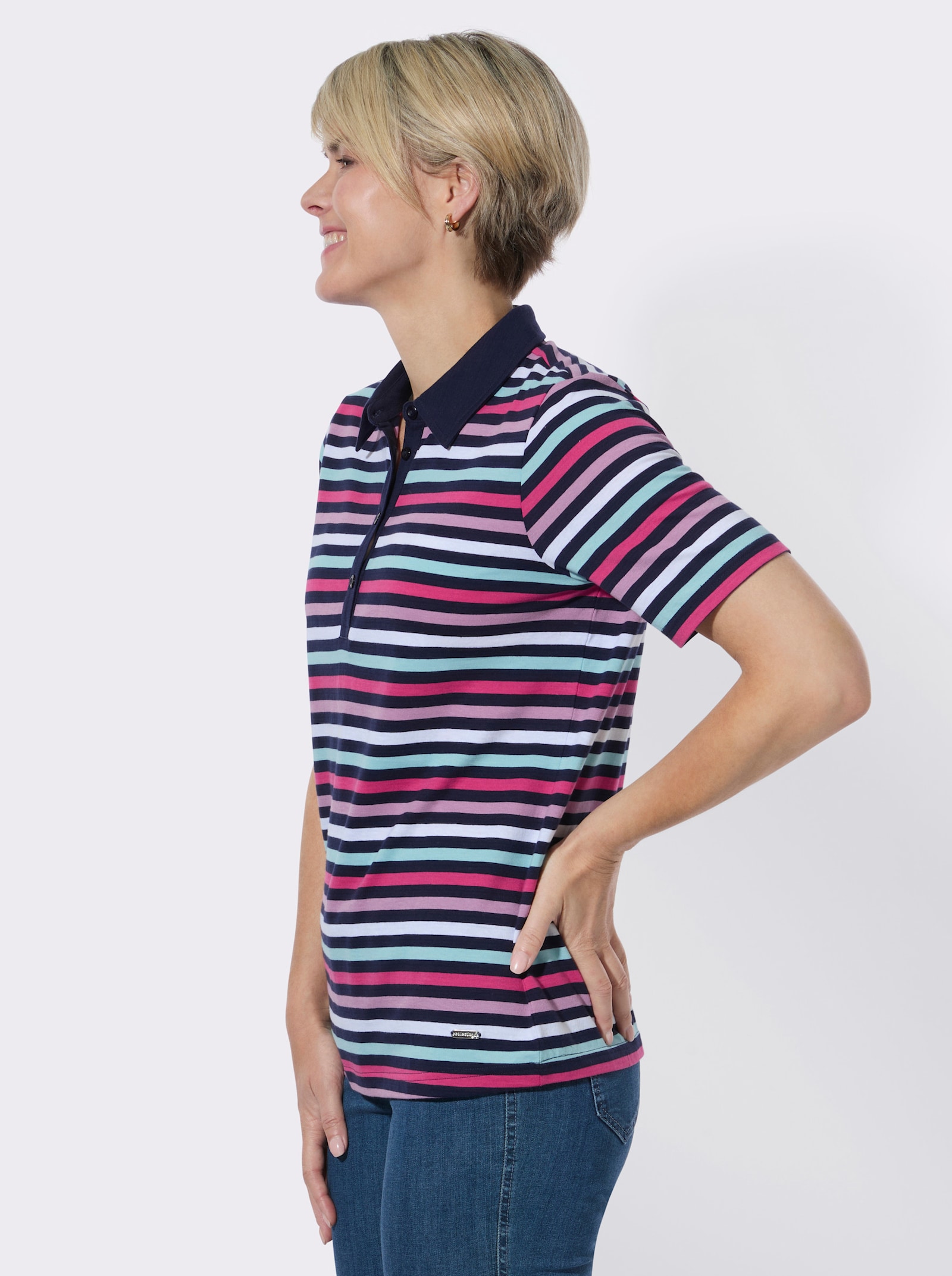 Poloshirt im garngefärbten Ringelmuster - marine-fuchsia-geringelt