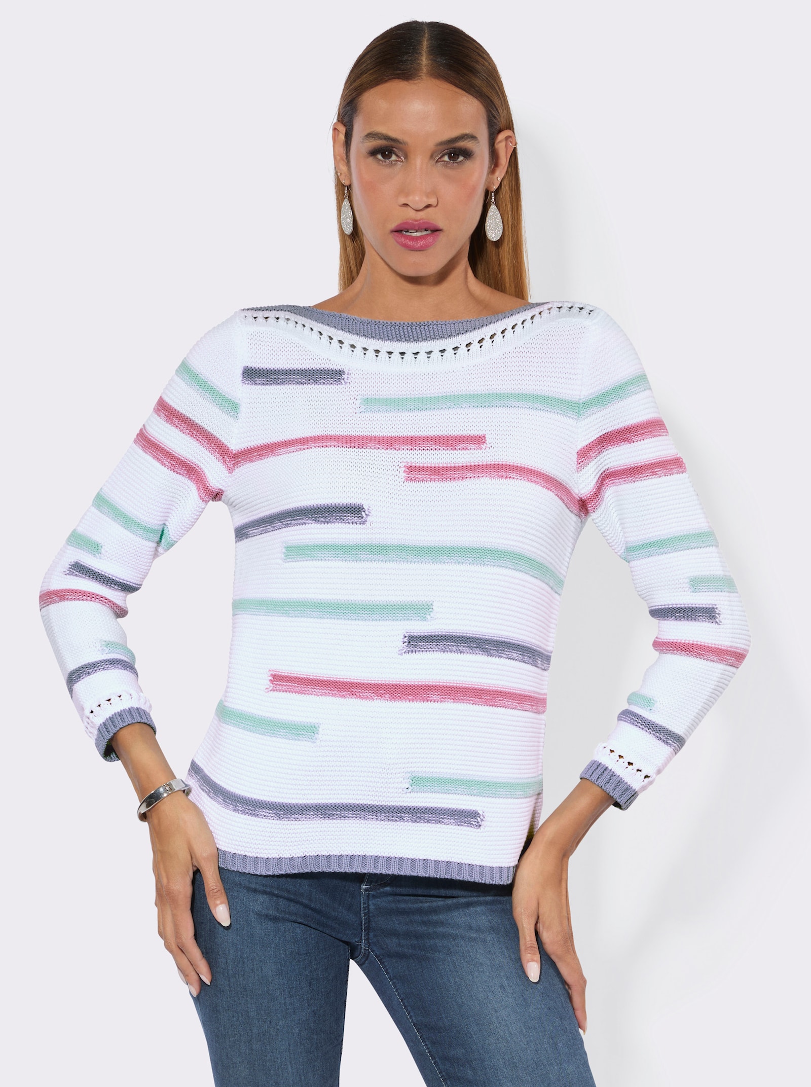 Langarm-Pullover mit U-Boot-Ausschnitt - weiß-taubenblau-geringelt
