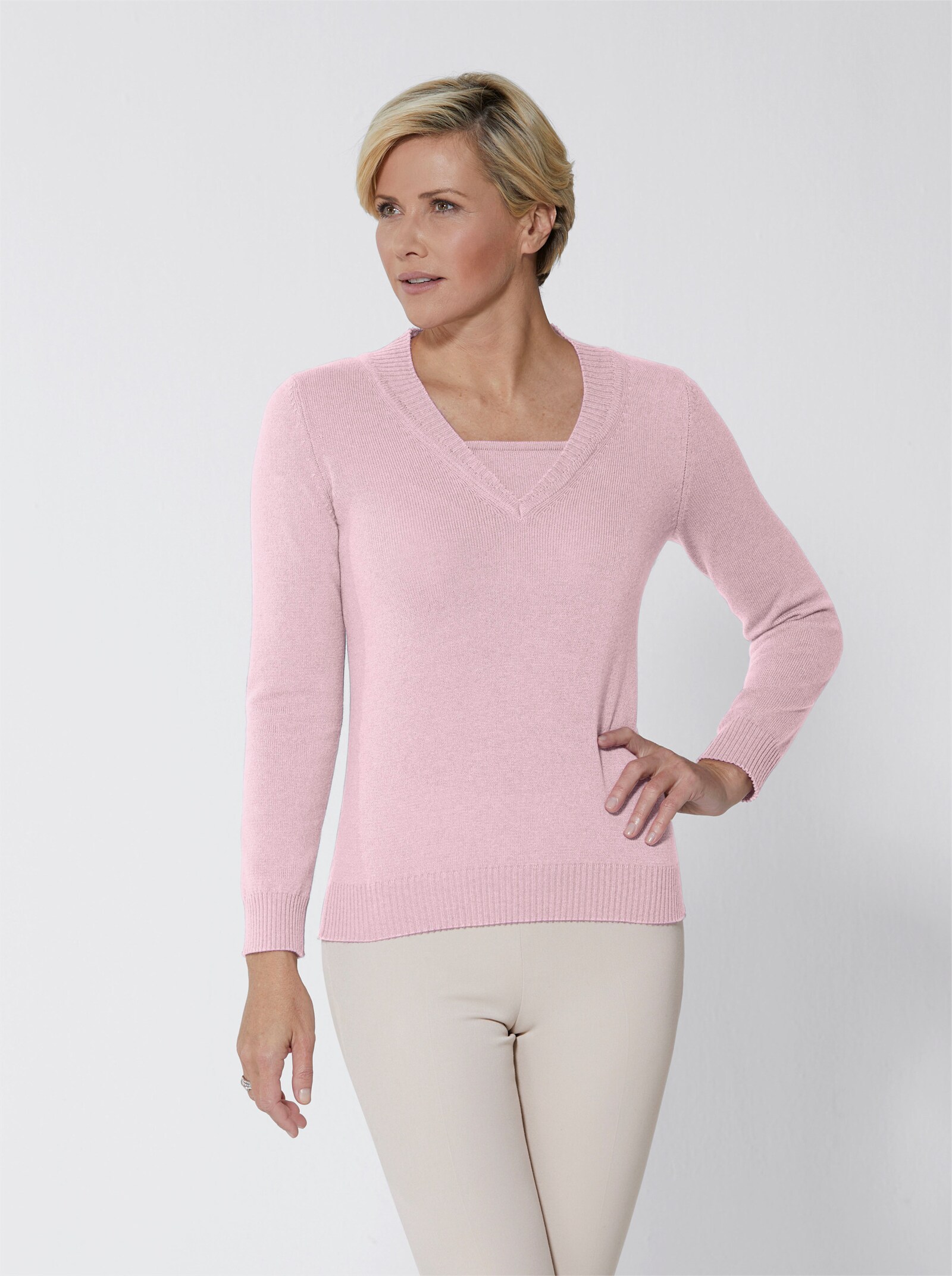 Kaschmirpullover in 2-in-1-Optik - rosé-meliert