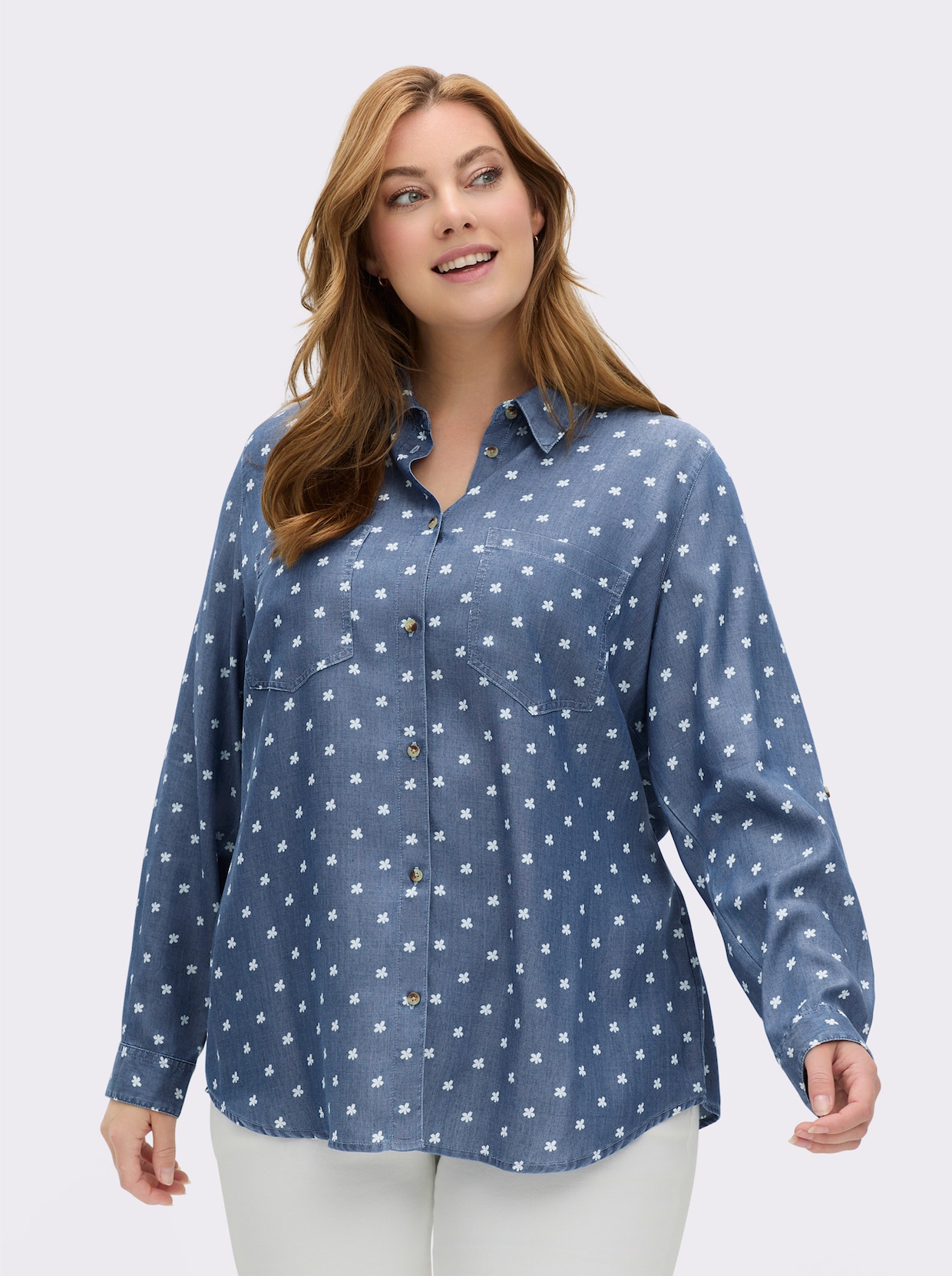 Hemdbluse mit krempelbaren Ärmeln - blue-bleached-bedruckt