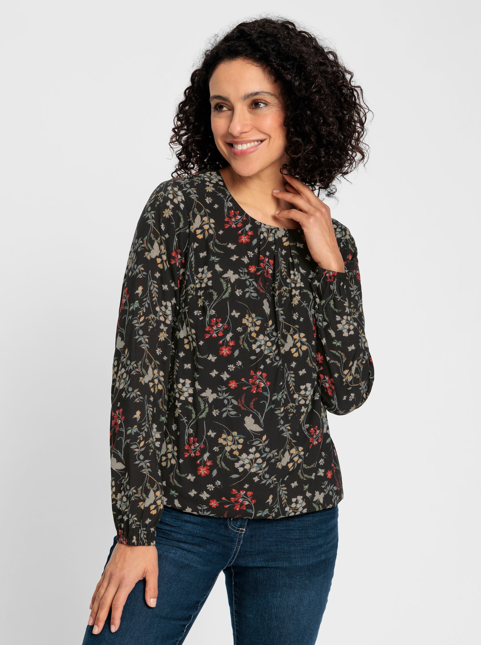 Halenka s dlouhým rukávem z čisté viskózy - černá-okrová-potisk