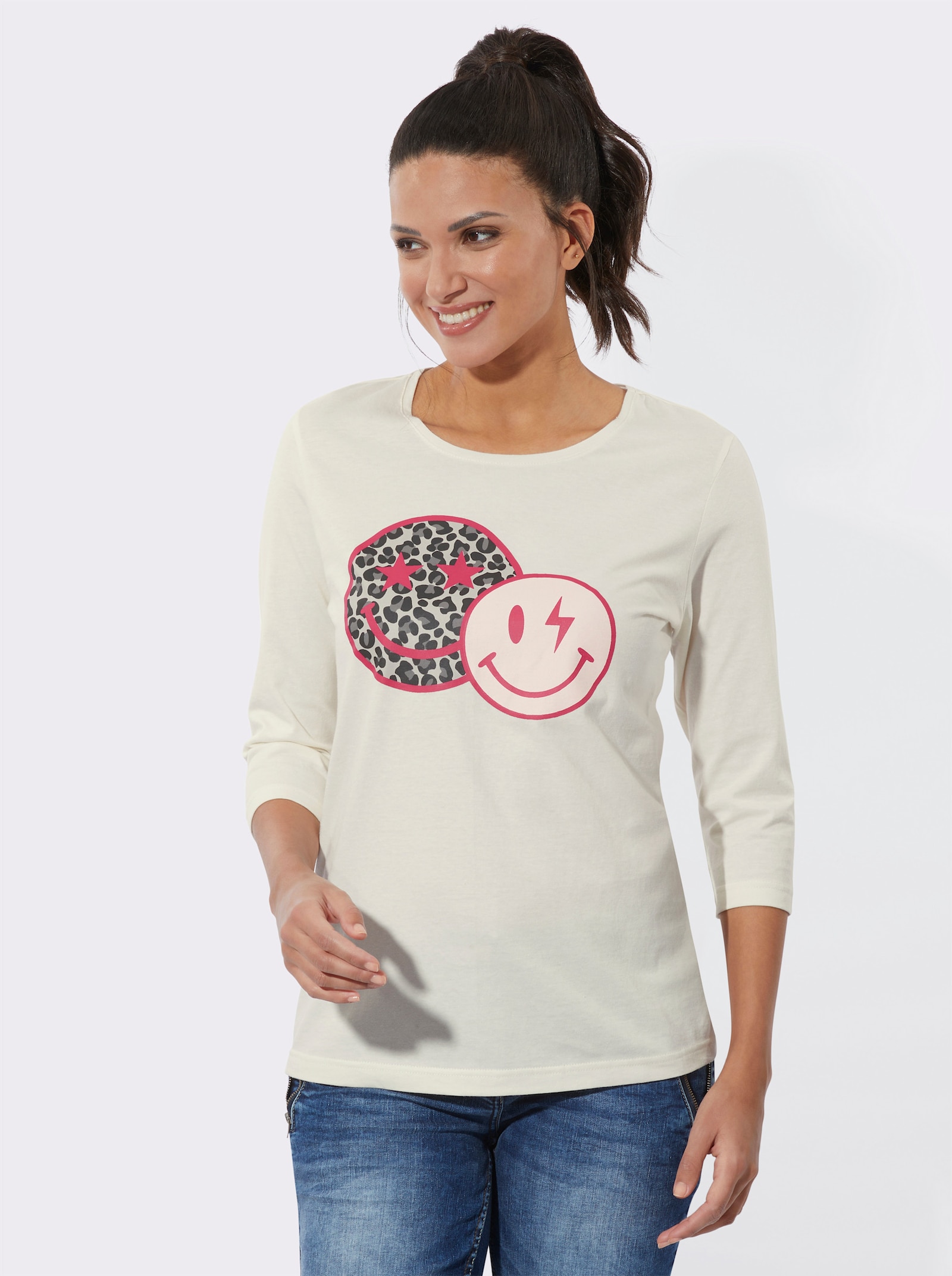 3/4-Arm-Shirt mit Smiley-Print - ecru-pink