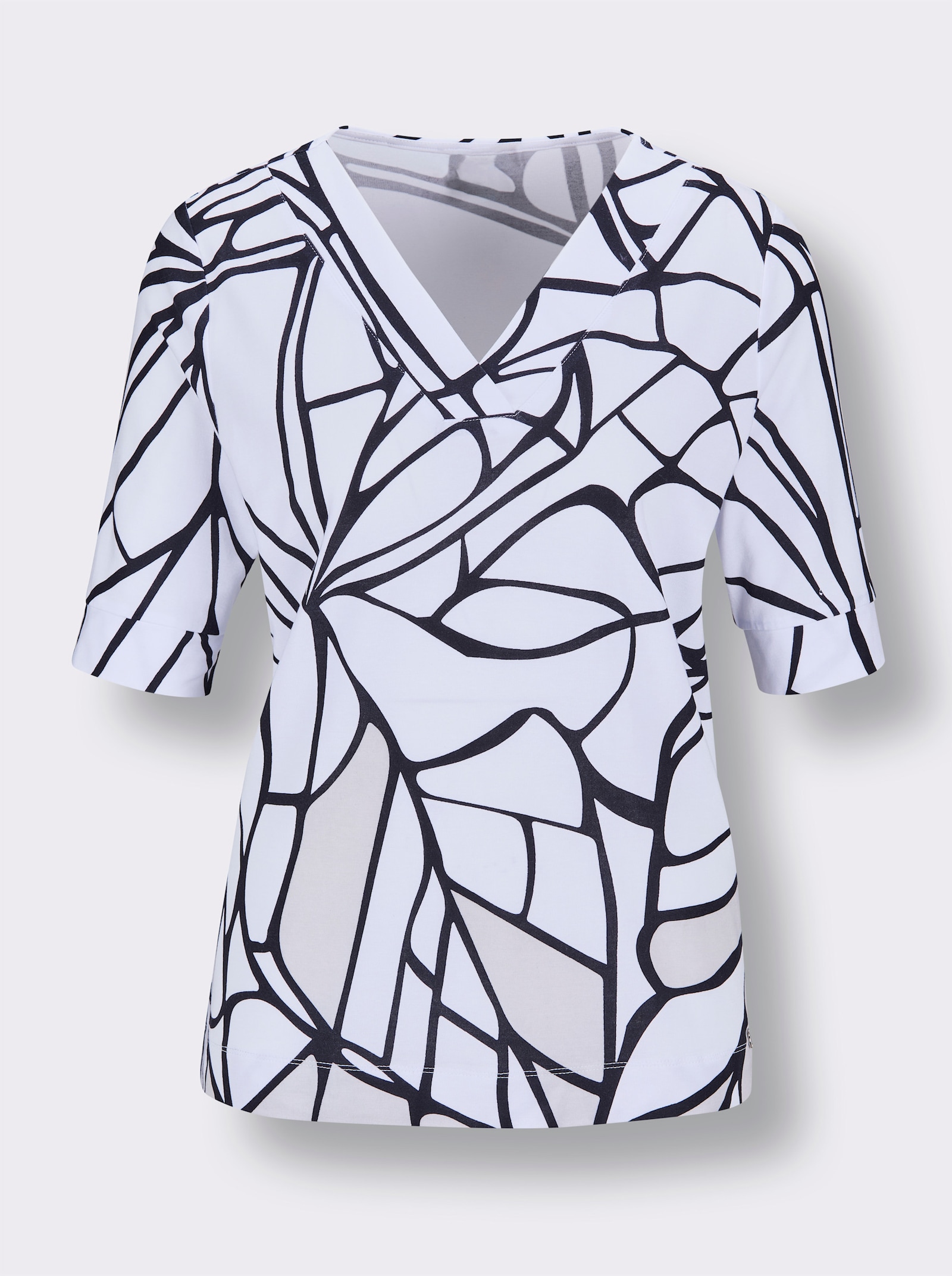 CREATION L PREMIUM V-Shirt mit Schlitz am Ärmel - weiß-schwarz-bedruckt