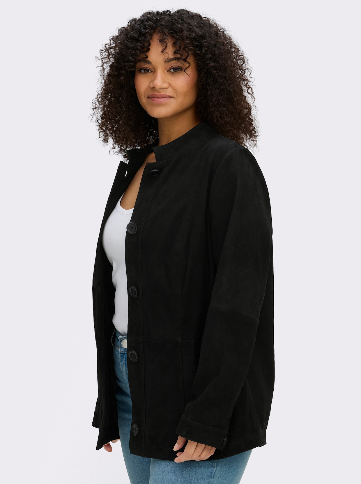 sheego Lederjacke aus Ziegenvelours - schwarz