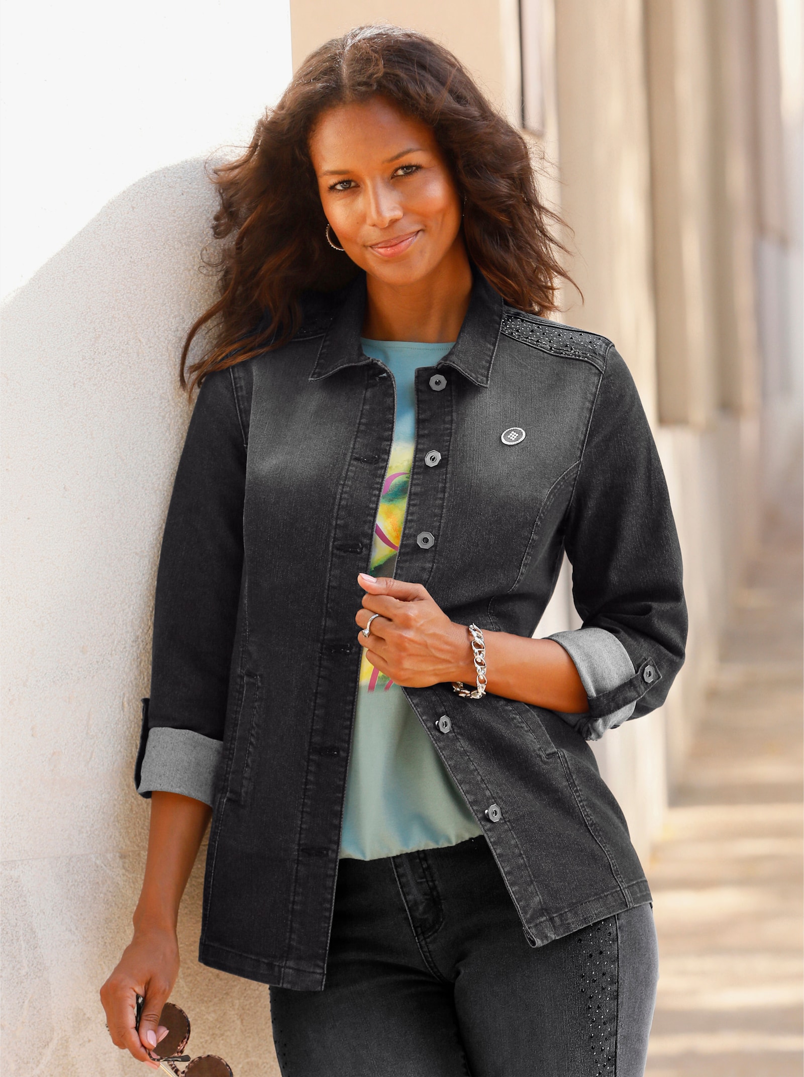 Jeansblouse met fonkelende siersteentjes - grafiet denim