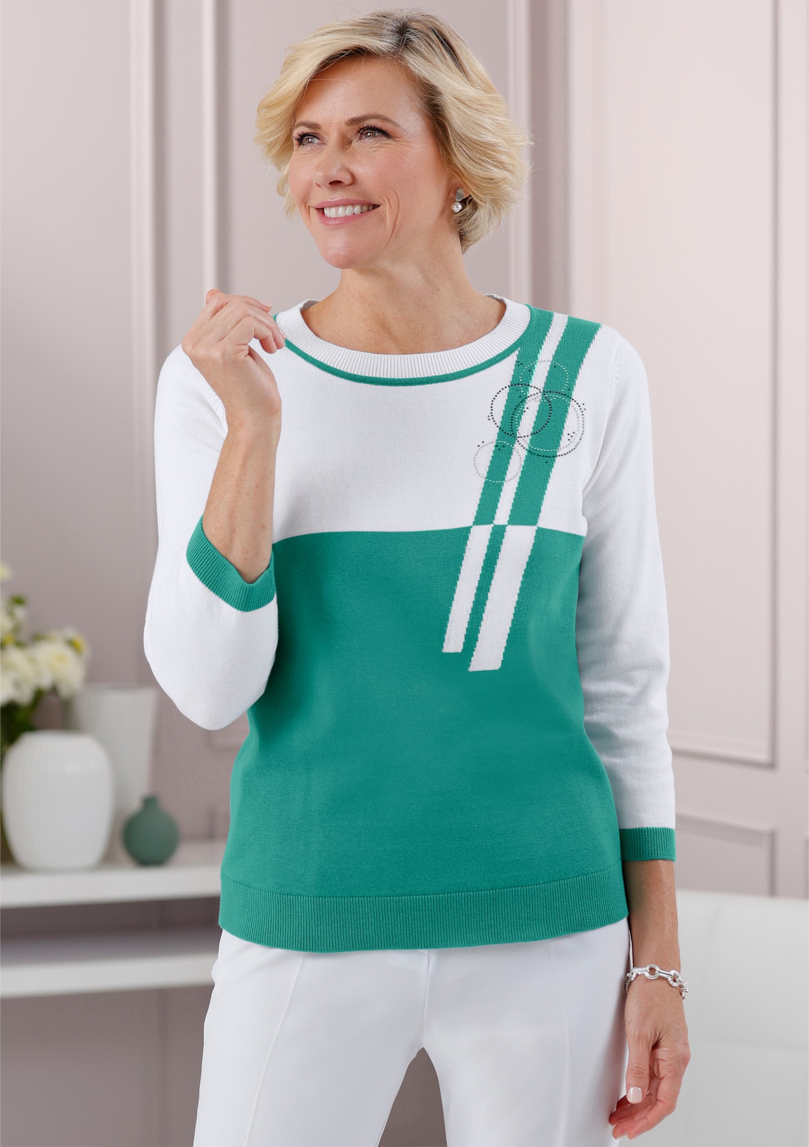 Rundhalspullover mit Dekosteinchen - smaragd-weiss