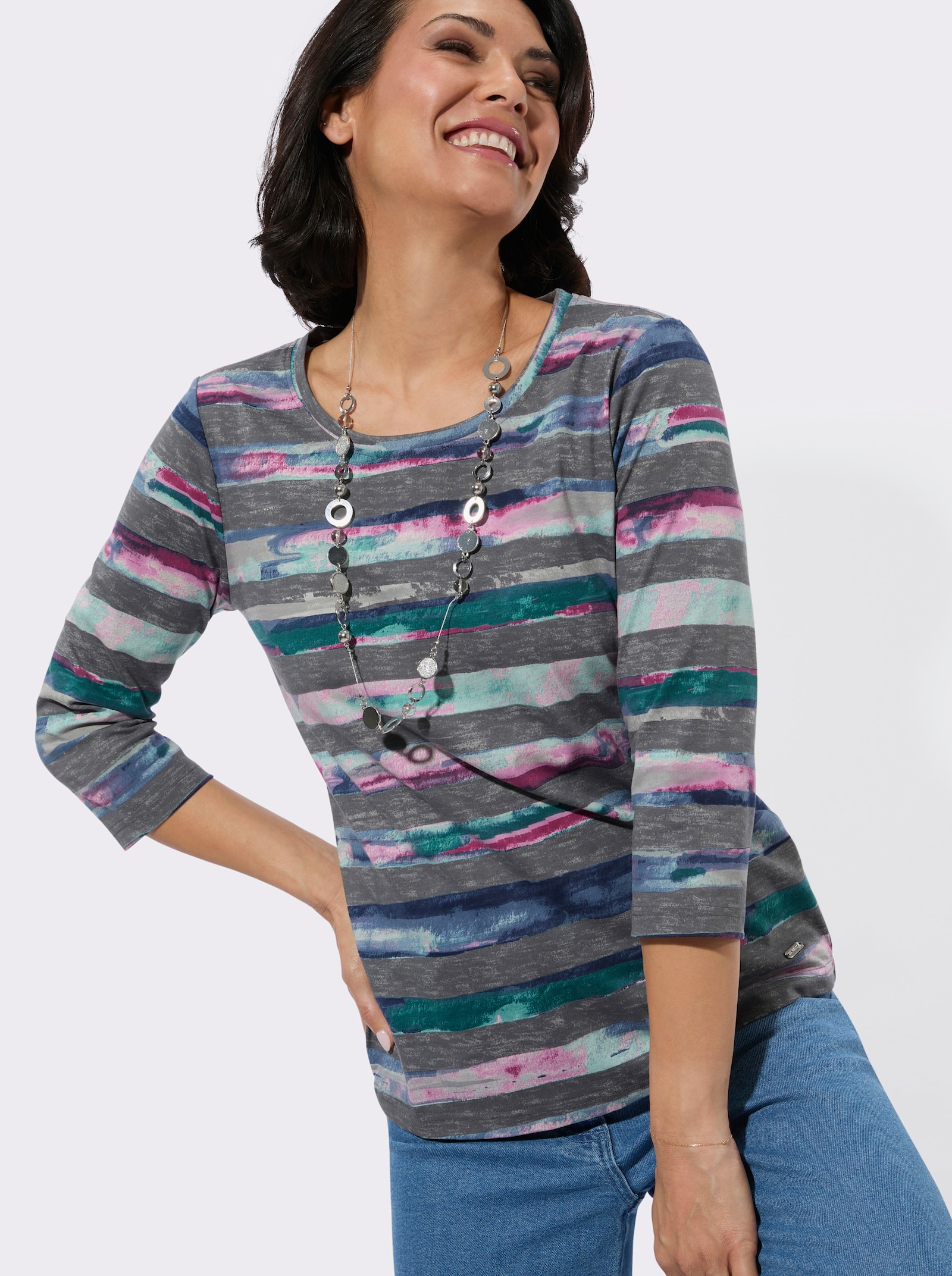 Rundhalsshirt im Ringel-Druckmuster - steingrau-aquapetrol-bedruckt