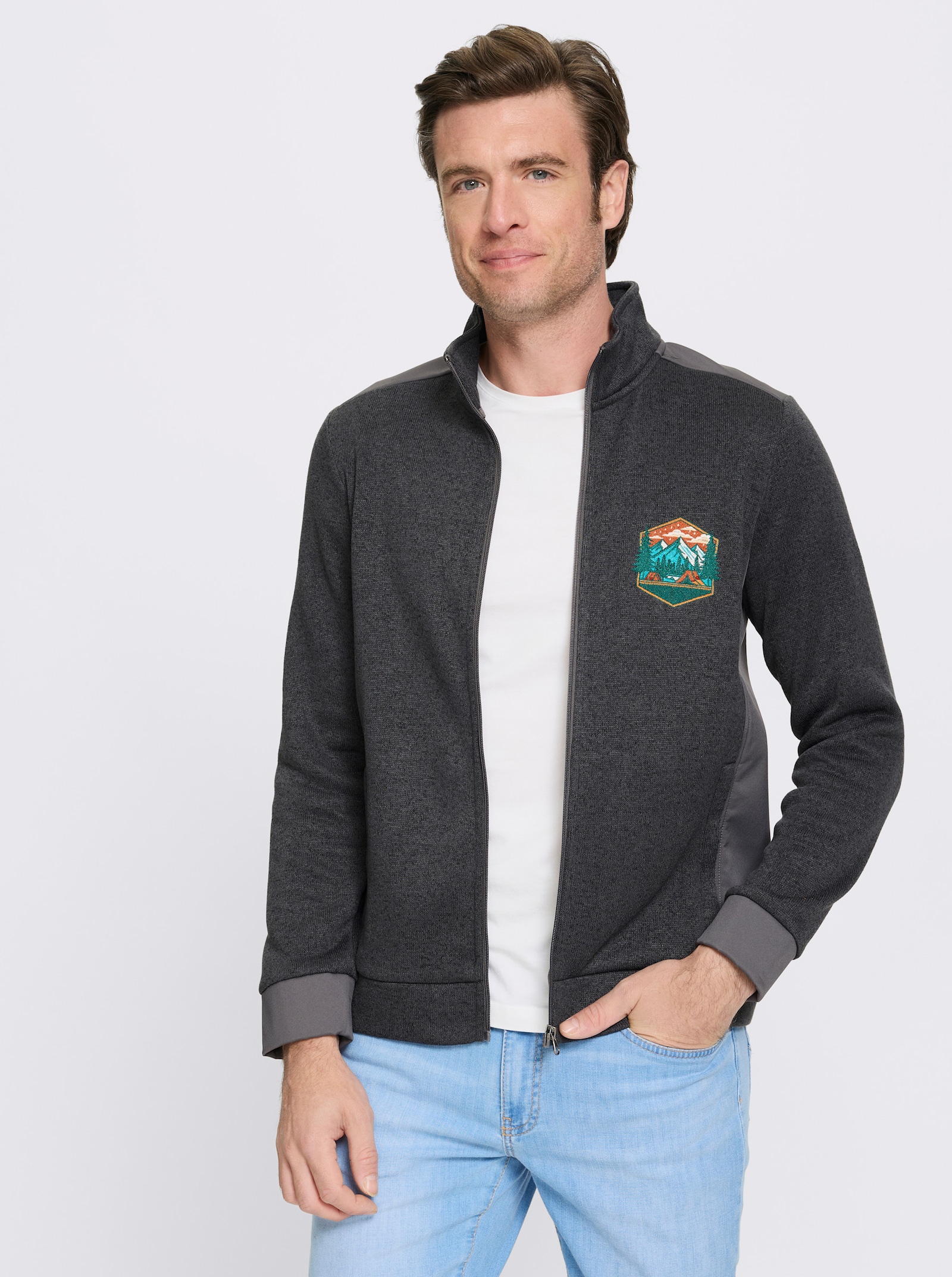 Catamaran Strickfleecejacke mit Stickerei - graphit-grau-meliert