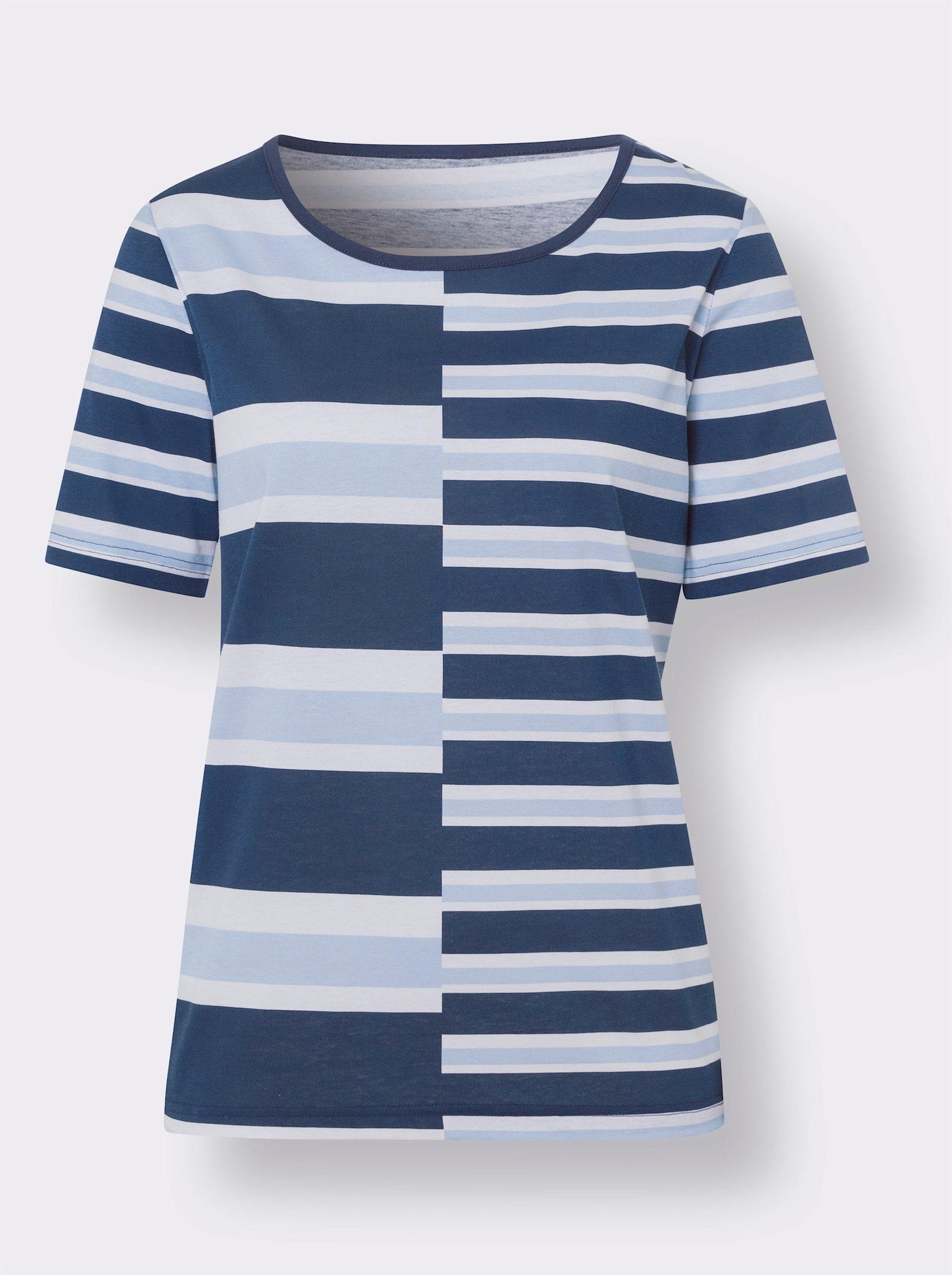 Rundhalsshirt mit Streifenmuster - weiss-dunkelblau-bedruckt