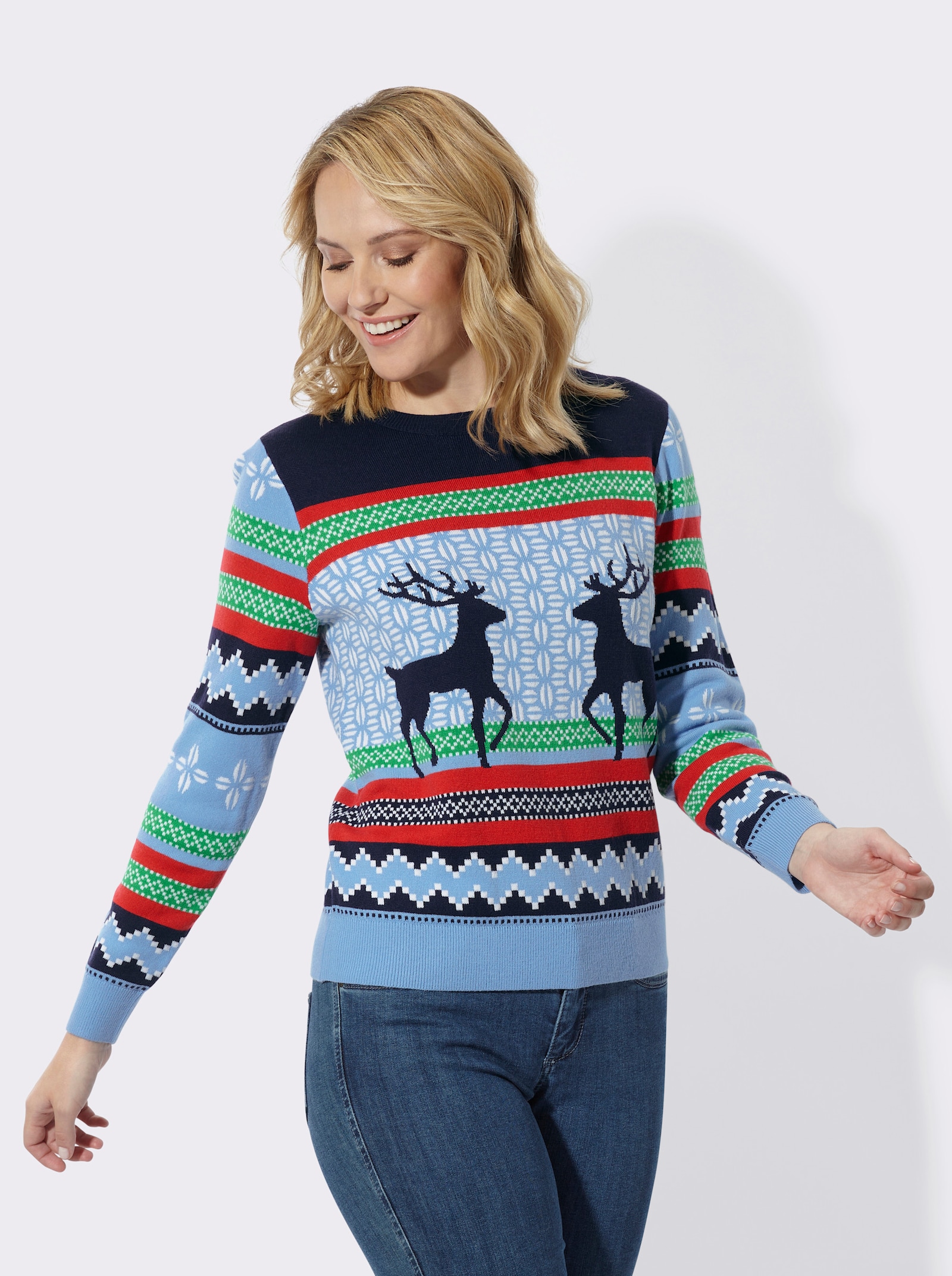 Norwegerpullover mit gerippten Bündchen - marine-himmelblau-gemustert