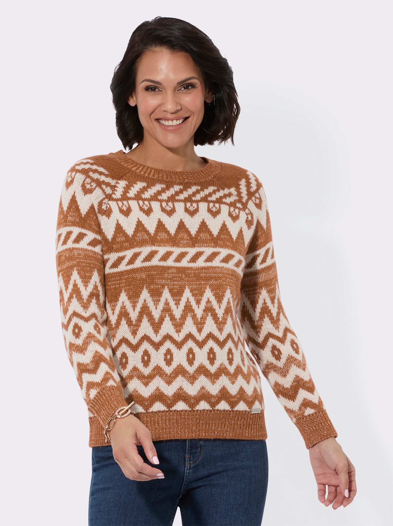 Norwegerpullover mit Rundhals-Ausschnitt - elfenbein-cognac-gemustert