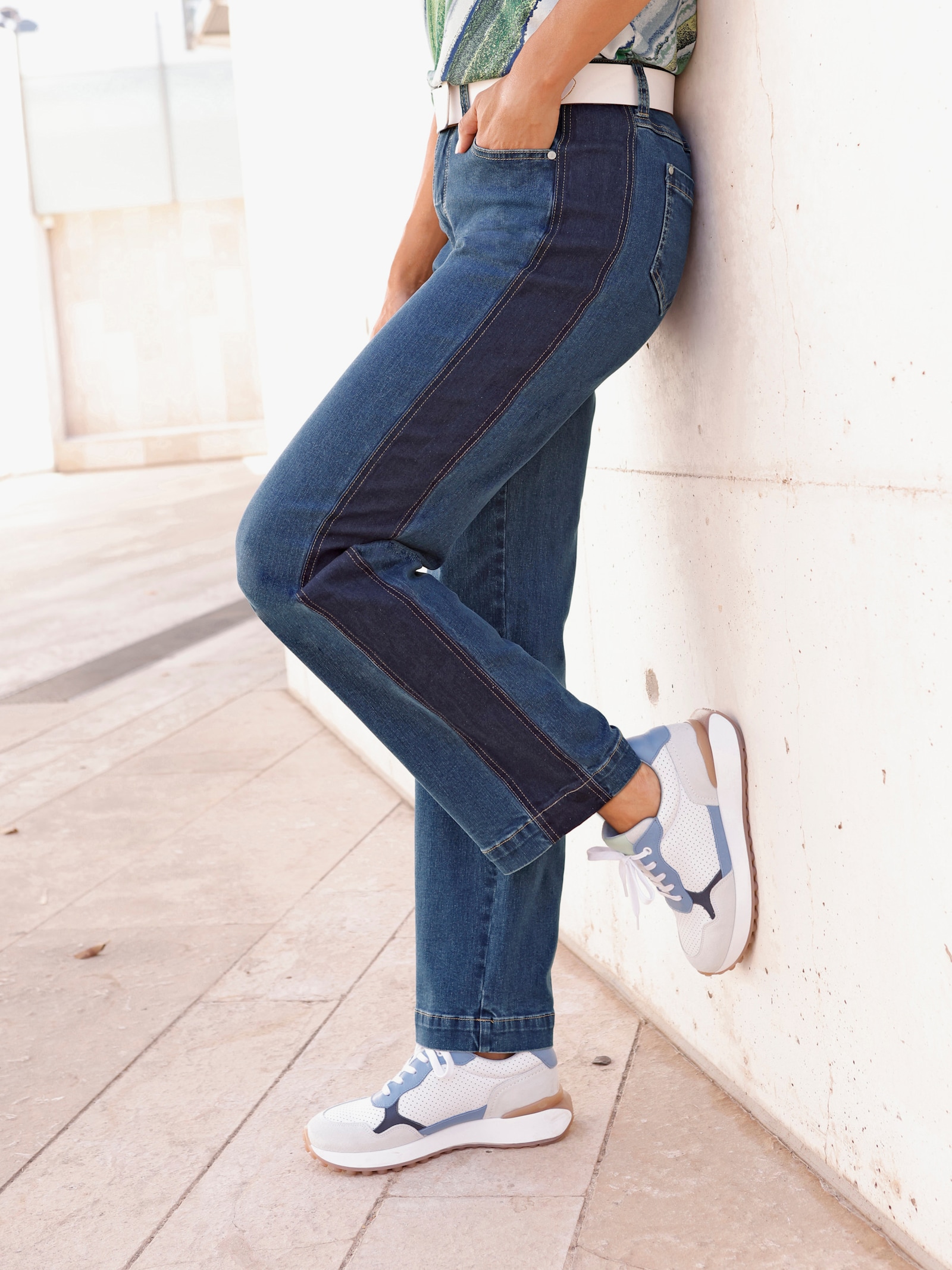 5-Pocket-Jeans mit seitlichen Kontrasten - blue-stone-washed