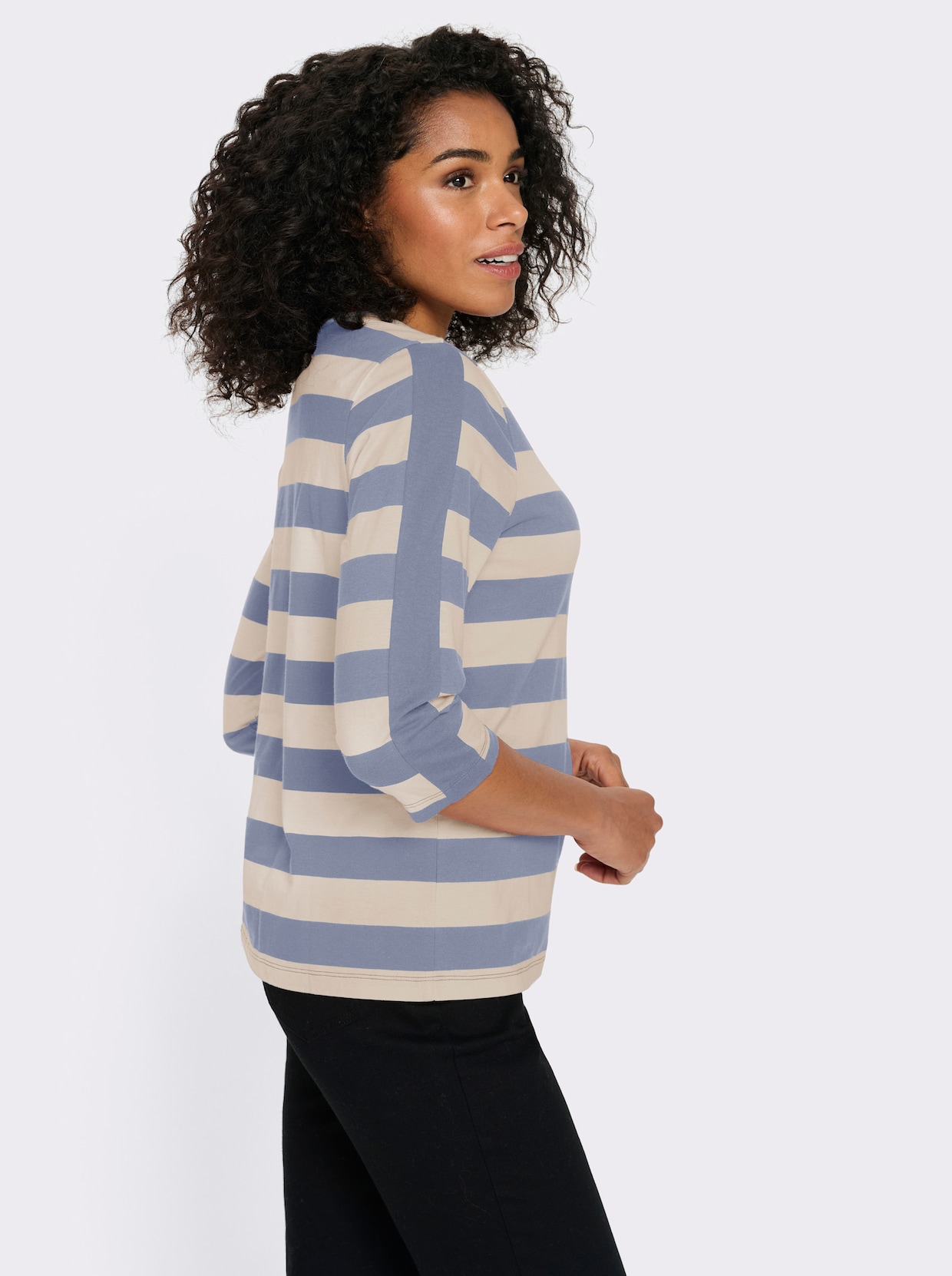 3/4-Arm-Shirt mit garngefärbten Streifen - taubenblau-elfenbein-gestreift