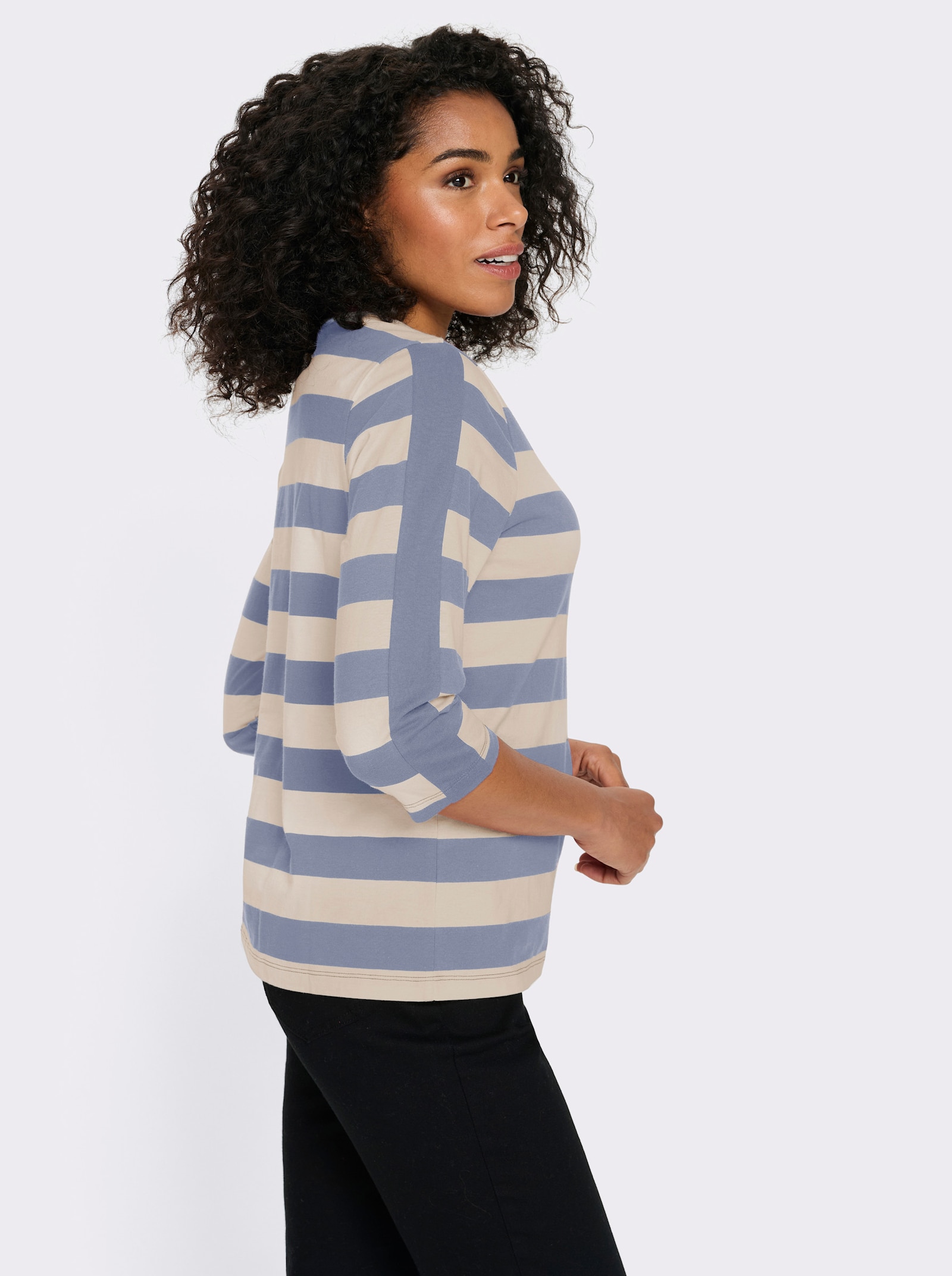 3/4-Arm-Shirt mit garngefärbten Streifen - taubenblau-elfenbein-gestreift