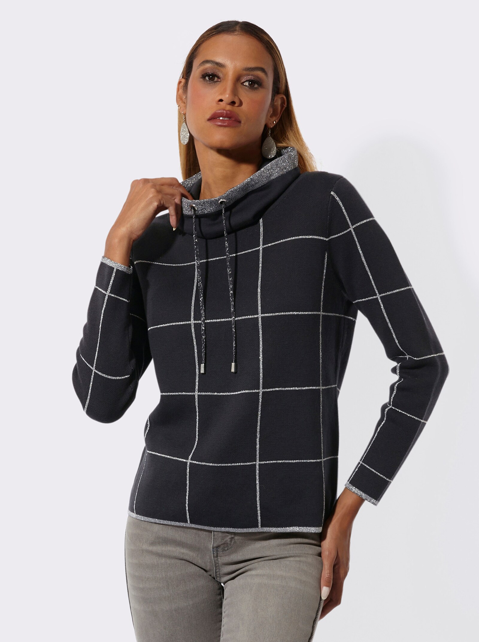 Jacquard-Pullover mit weitenregulierbarem Rollkragen - schwarz-silberfarben