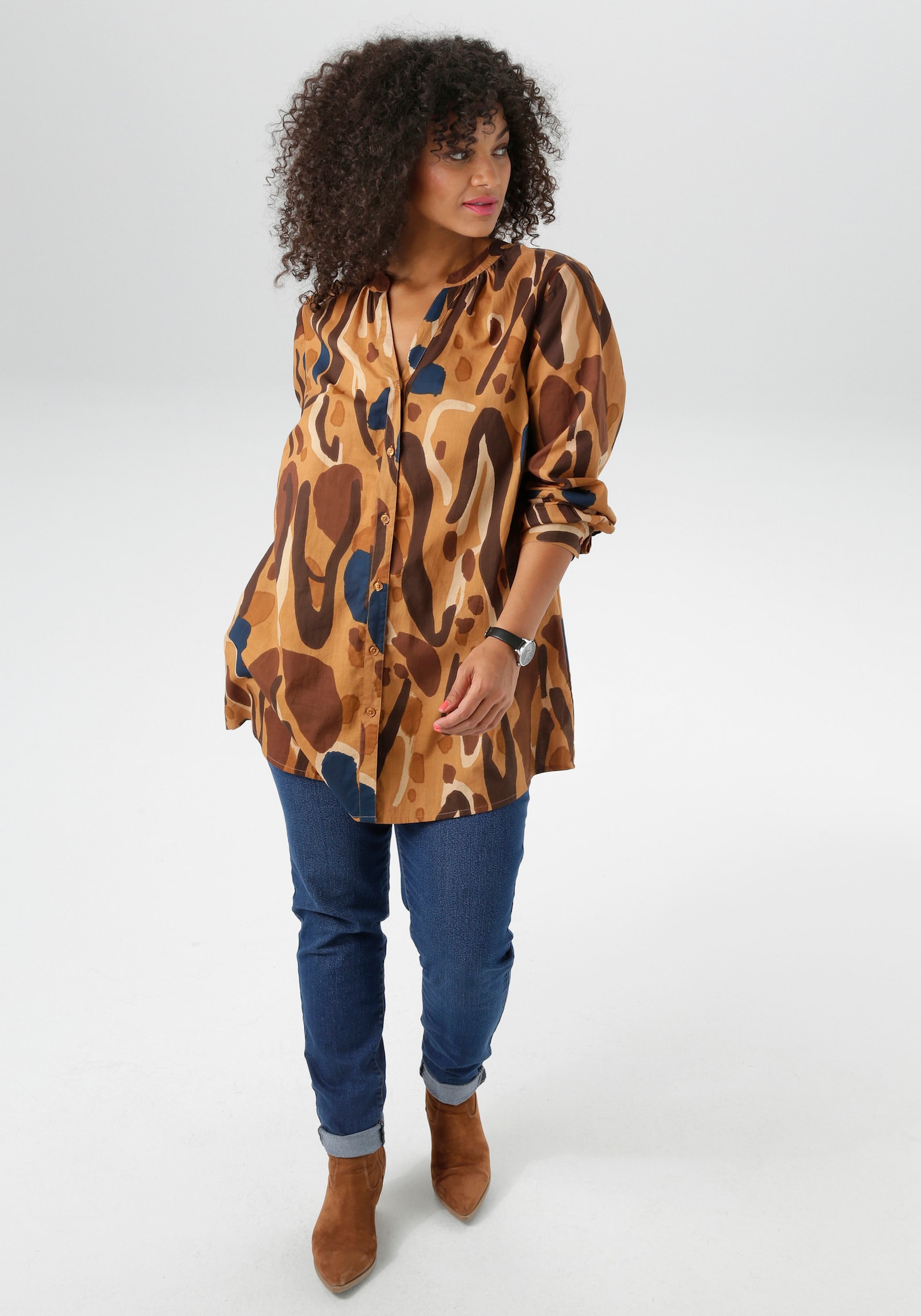 Aniston PLUS Longbluse - beige-blau-braun