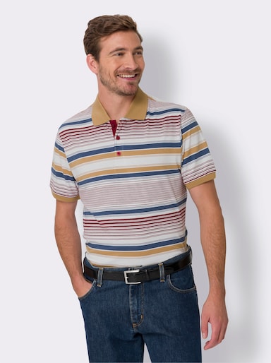 Kurzarm-Poloshirt - weiß-jeansblau-geringelt